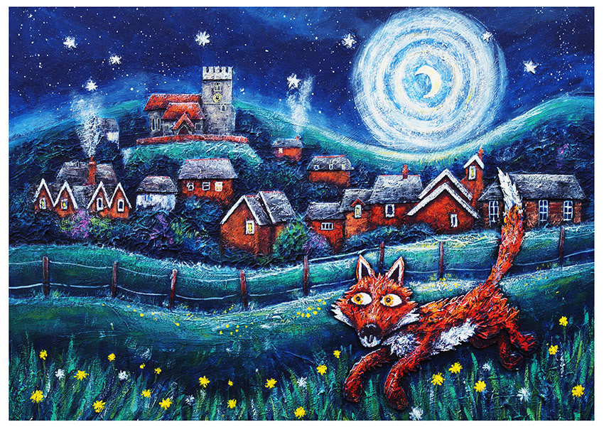 a night time scene of a fox running through the fields in front of the village of East Isley