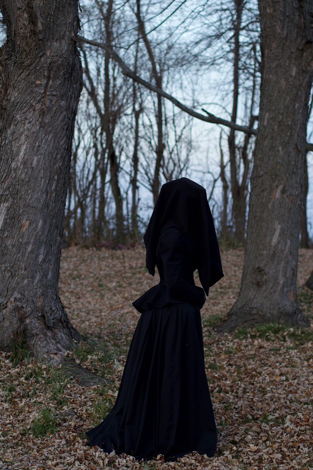 Victorian mourning gown in black wool with crepe silk veil. Enquire for Bespoke pricing