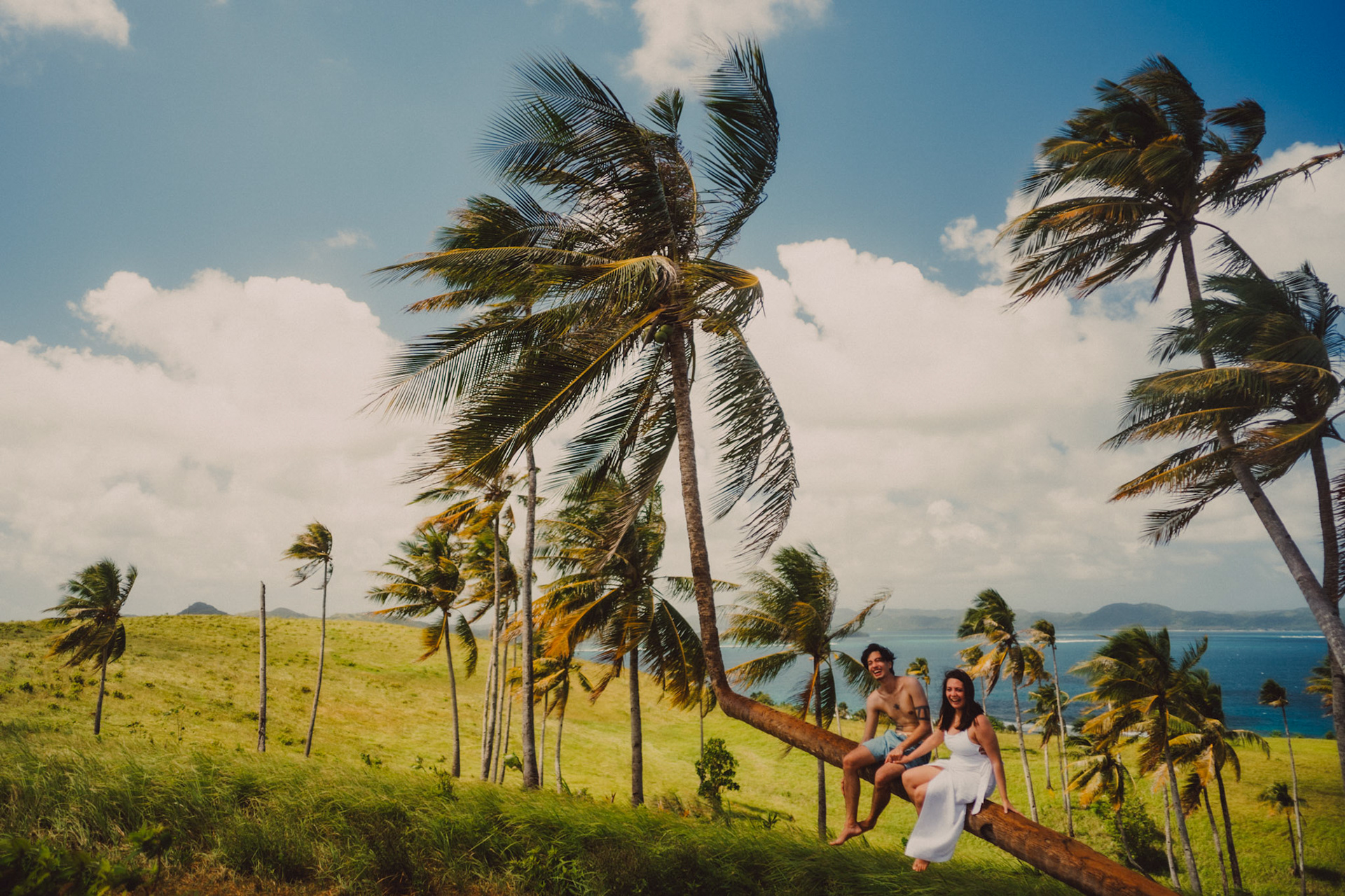 Adventure newlywed portraits with Corregidor Island's palm trees and tall cogon grass, from Jeo and Bianca's island hopping honeymoon couple portrait shoot in Surigao del Norte, Philippines, Southeast Asia, February 2020, Sony A7III
