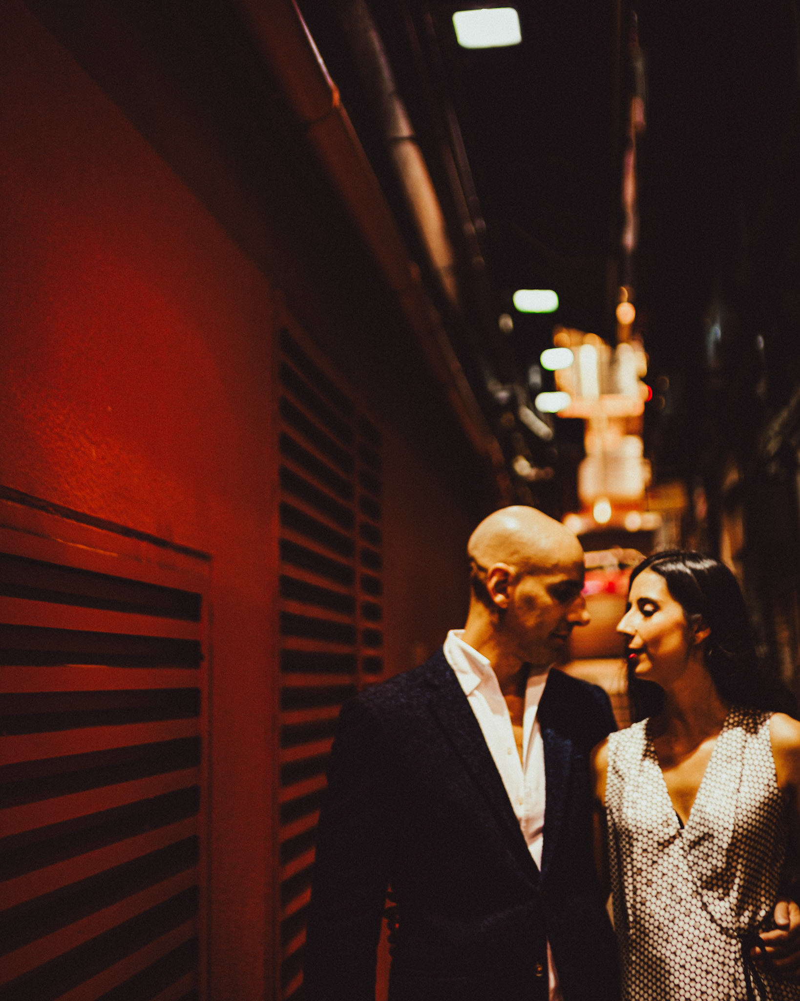 A moody and intimate late night urban engagement shoot in one of Stanley Street's alleyways, from Eric and Sabrina's prewedding shoot in Central, Hong Kong, April 2019, Sony A7III.