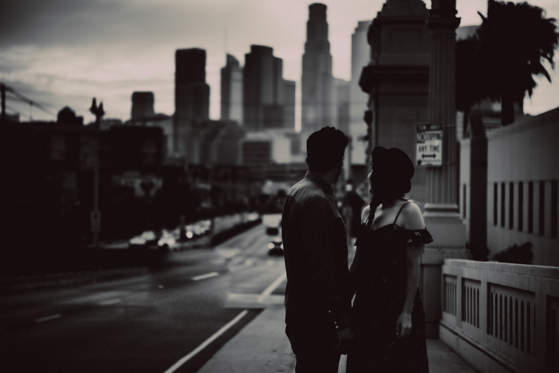E 1st Street Bridge moody city engagement shoot in Downtown Los Angeles, California, USA, July 2018, Leica M.