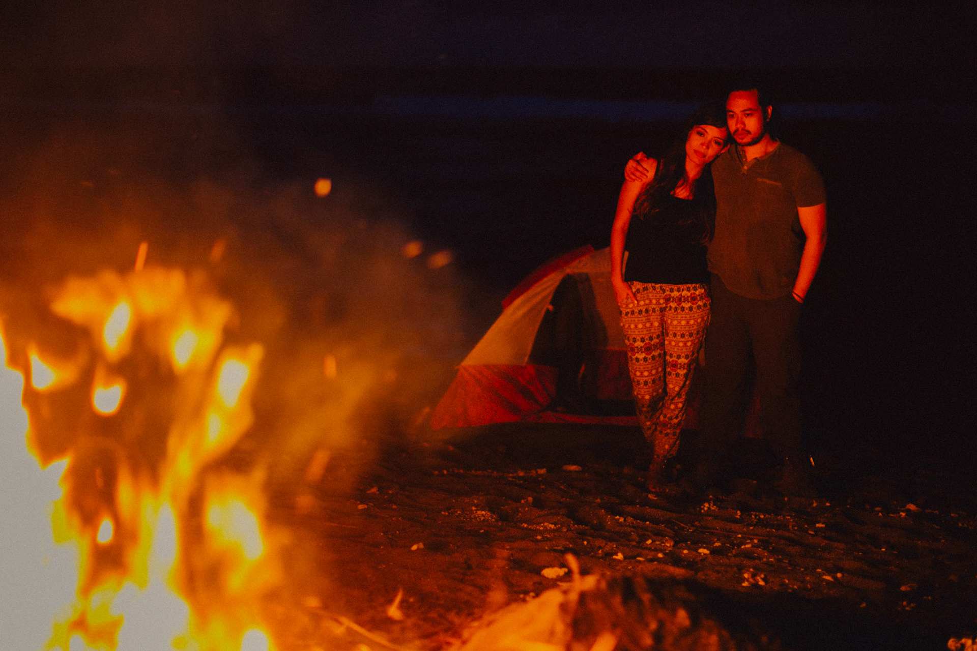 Couple portraits on a beach with a campfire and tent setup, Basco, Batanes, Philippines, Southeast Asia, November 2014, Canon EOS 6D.