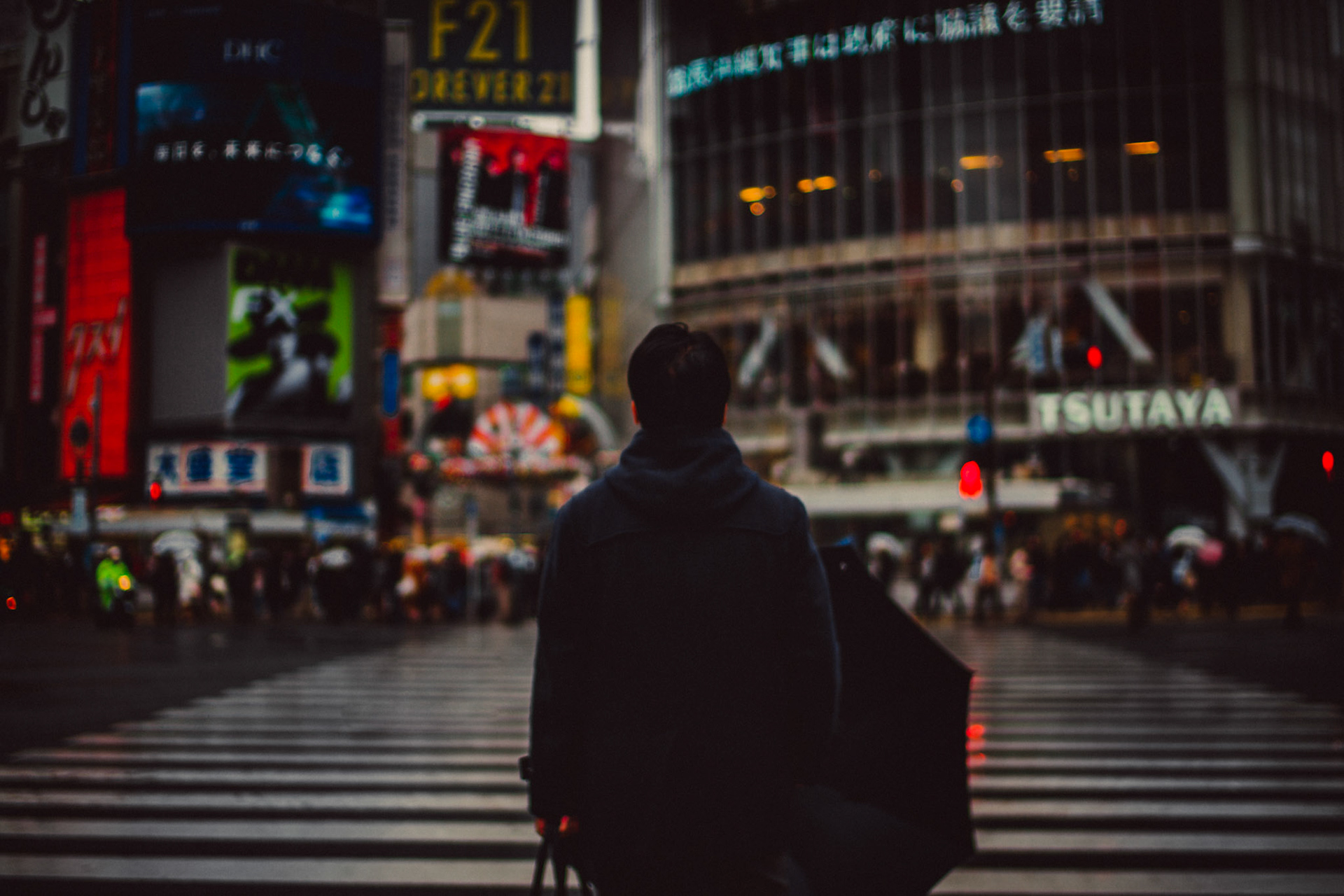 A lone man standing in front of Shibuya Crossing, Tokyo, Japan, December 2016, Leica M.
