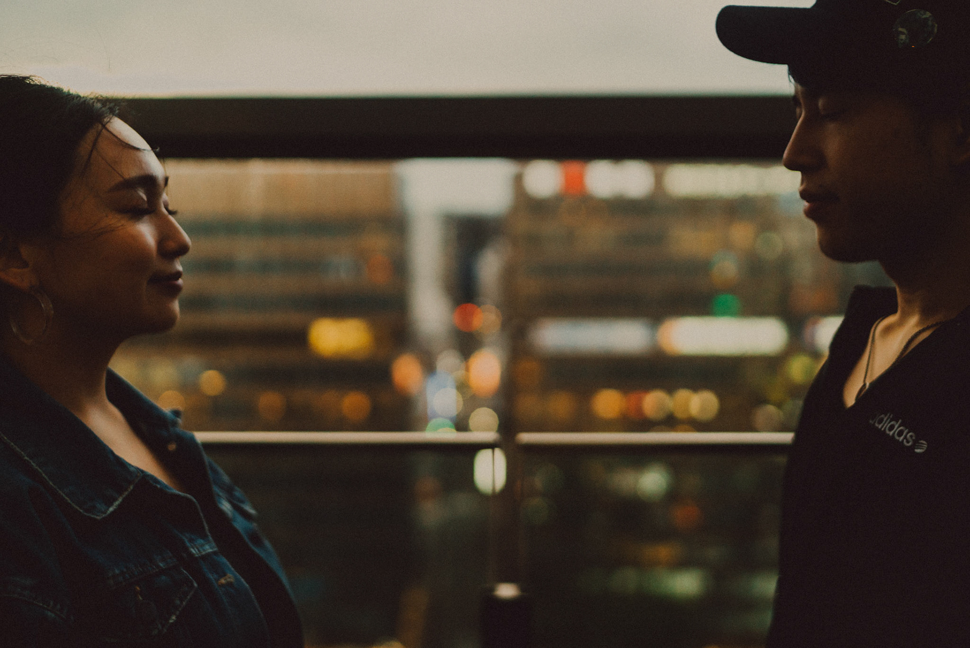 Moody pre-wedding and engagement portraits at AMU Plaza's rooftop in Fukuoka, Japan, October 2018, Sony A7SII.