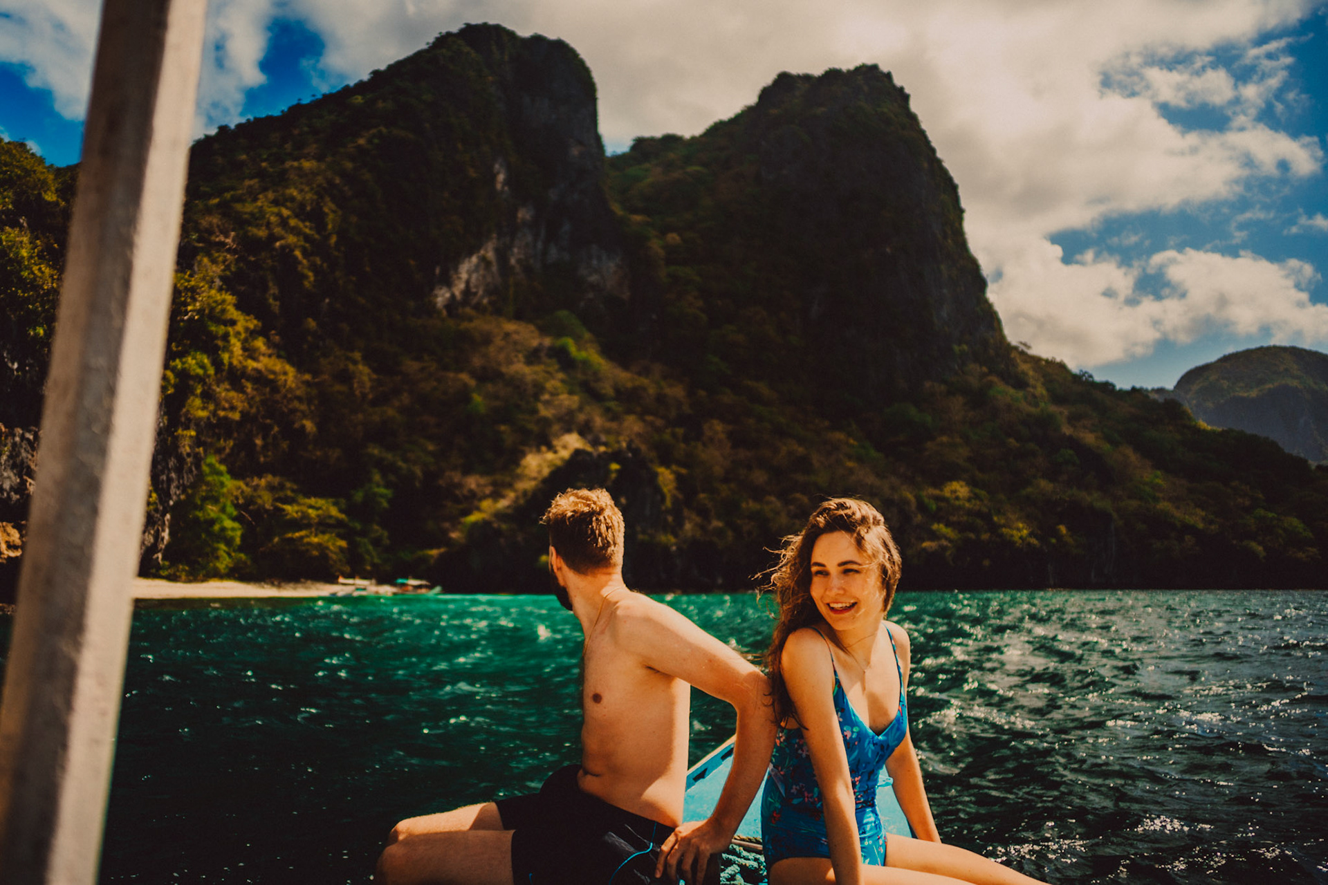 Island hopping travel couple honeymoon portraits en route to Cadlao Lagoon in El Nido, Palawan, Philippines, Southeast Asia, February 2019, Sony A7III.