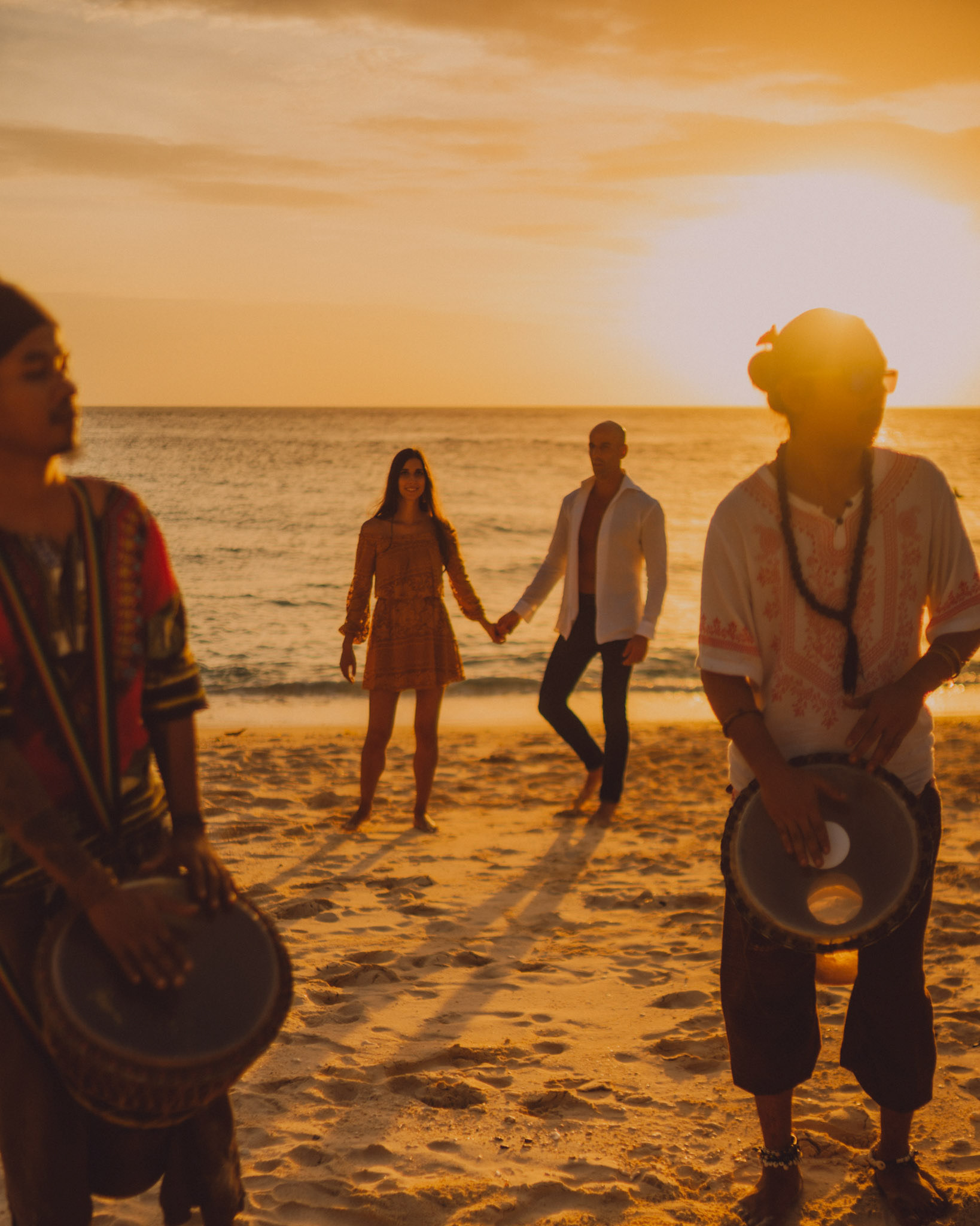 Sunset couple portraits at Punta Bunga Beach, with a percussion ensemble at Crimson Resort and Spa, Boracay, Philippines, Southeast Asia, December 2018, Sony A7III.