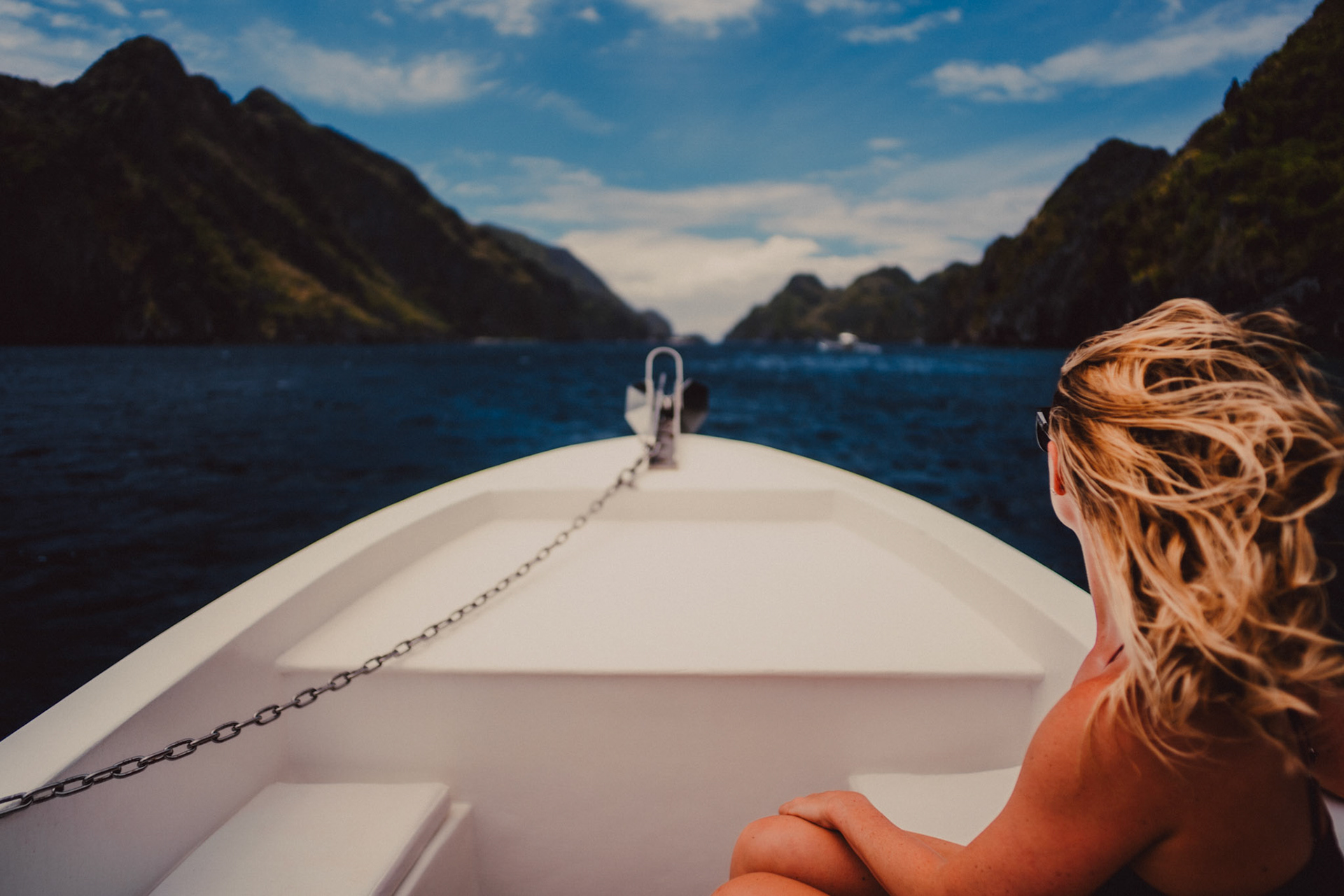 Approaching Matinloc and Tapiutan Island on a speed boat via Tapiutan Strait, El Nido, Palawan, Philippines, Southeast Asia, March 2019, Sony A7III.
