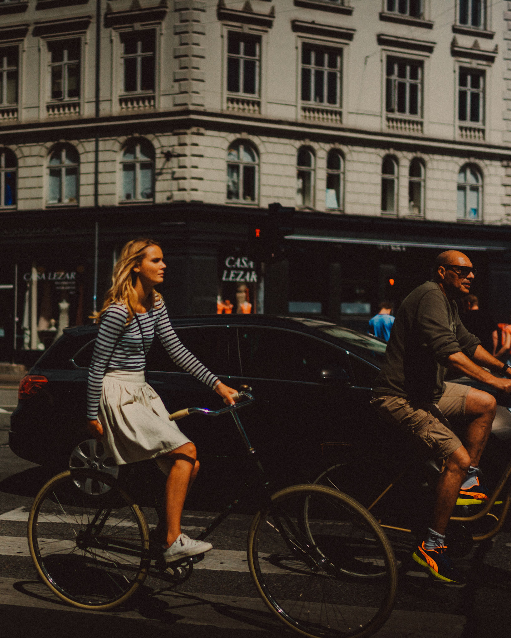 City bikes and cycling in Vesterbro, Copenhagen, Denmark, August 2015, Leica M.