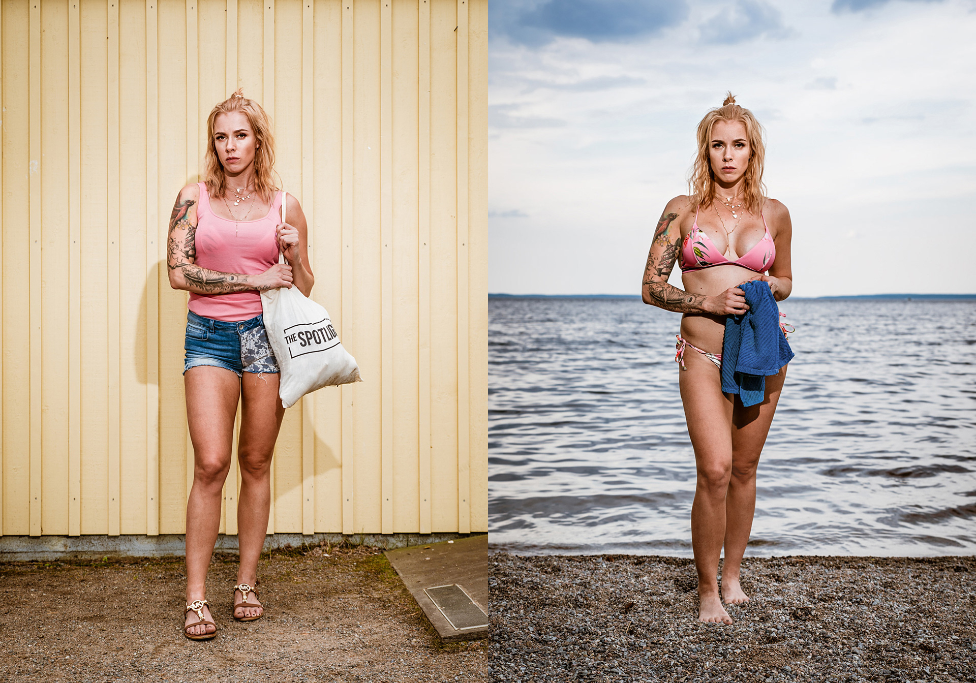 Photographic diptych of a woman in a pink top and blue shorts and then in a pink bikini holding a blue towel