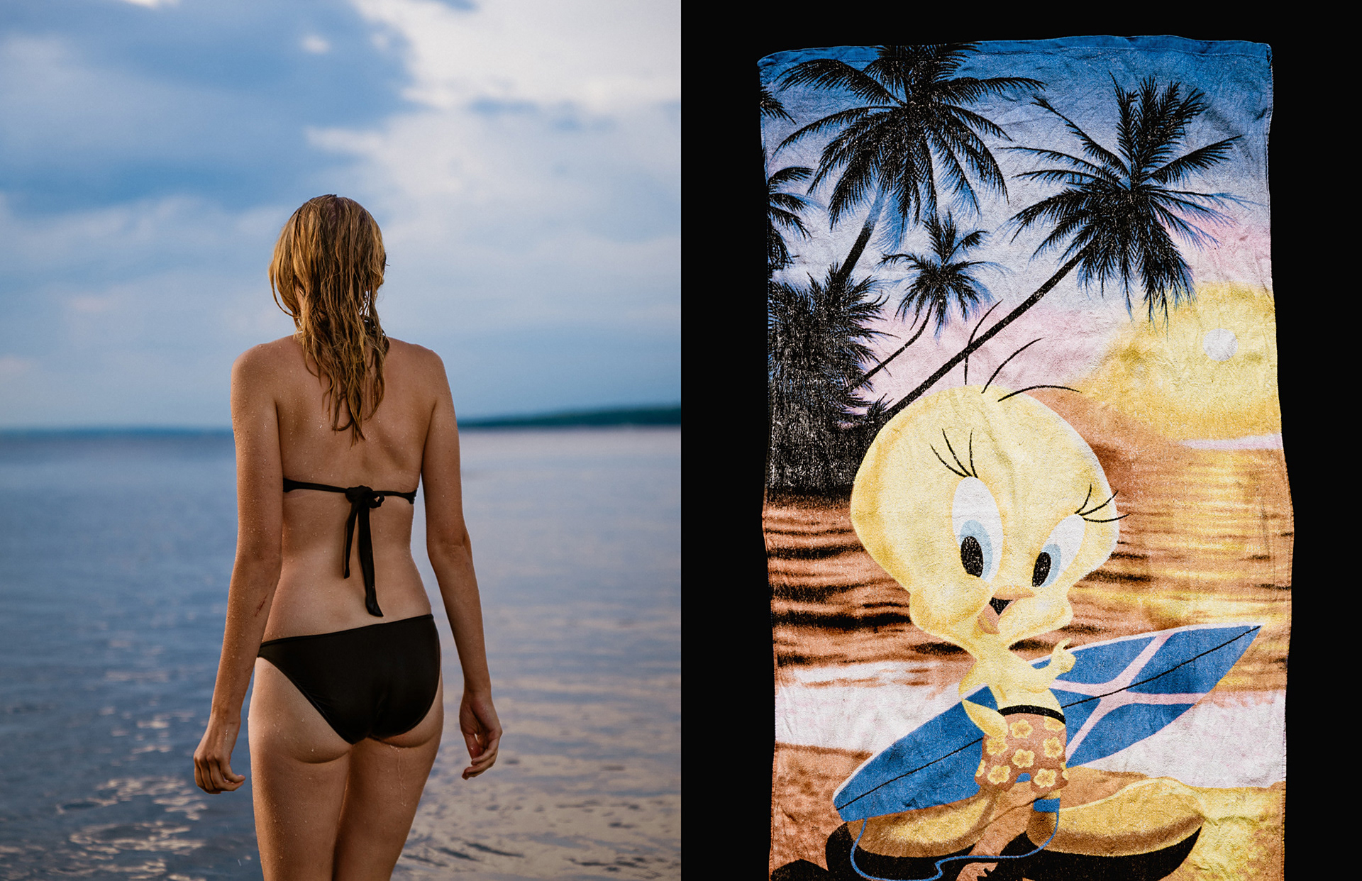 A photographic diptych of a childrens Tweety towel next to a photo of a woman from behind on the beach during sunset