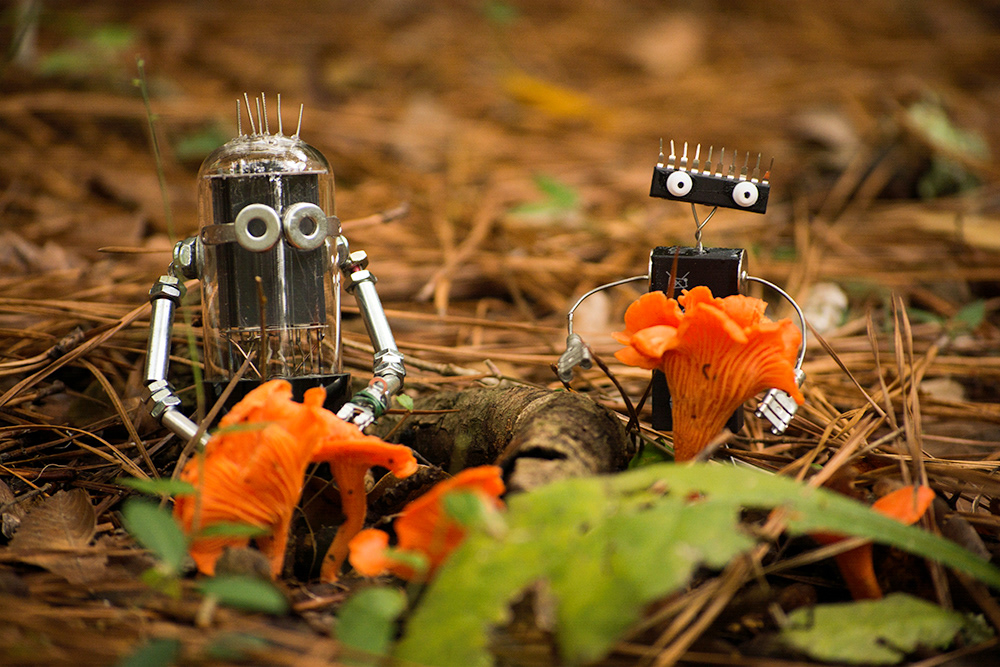 Recycled electronic art characters with orange mushrooms