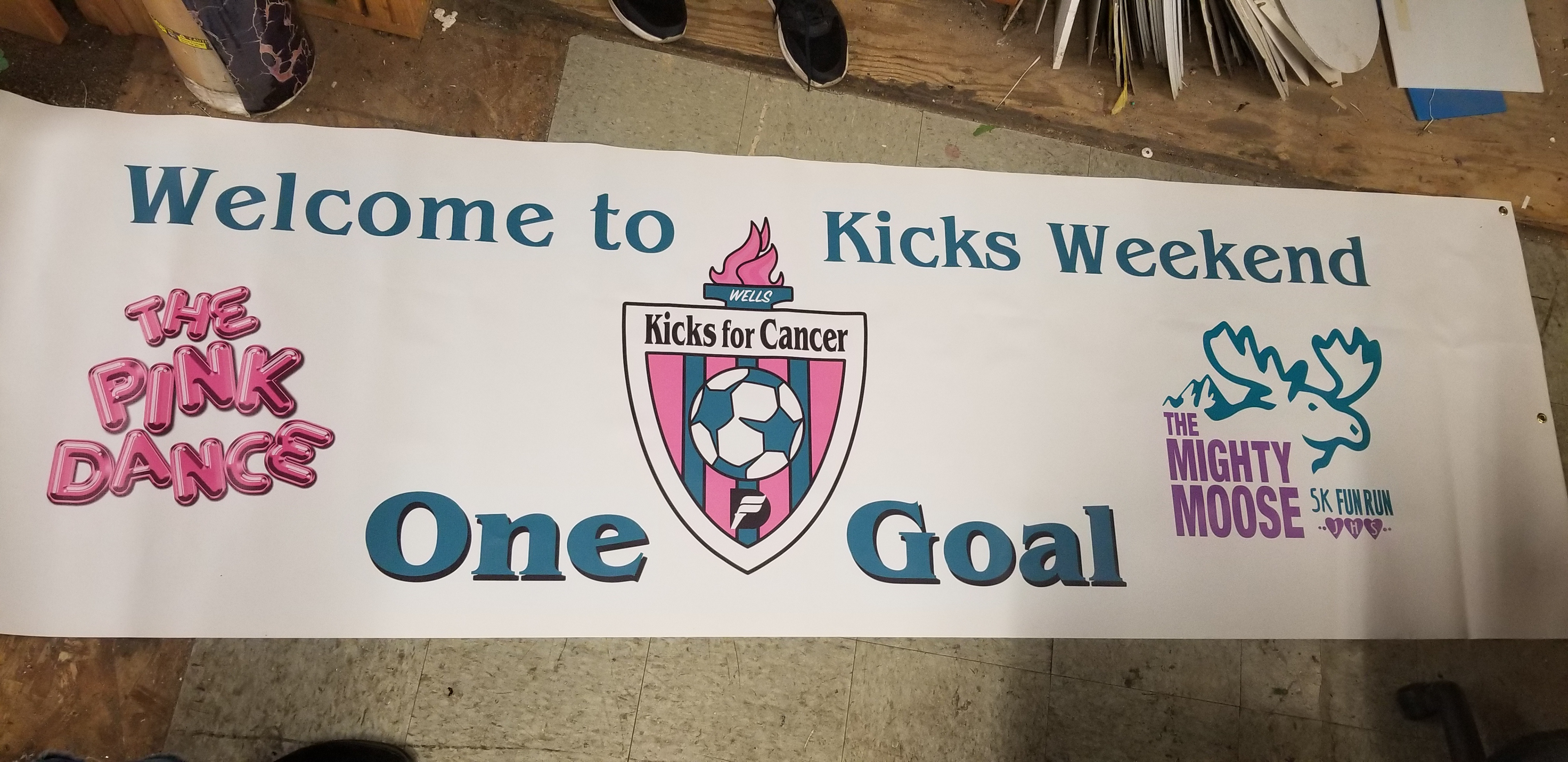 Banner promoting "Kicks Weekend", combining three events, all with the same goal of raising money for ovarian & breast cancer.