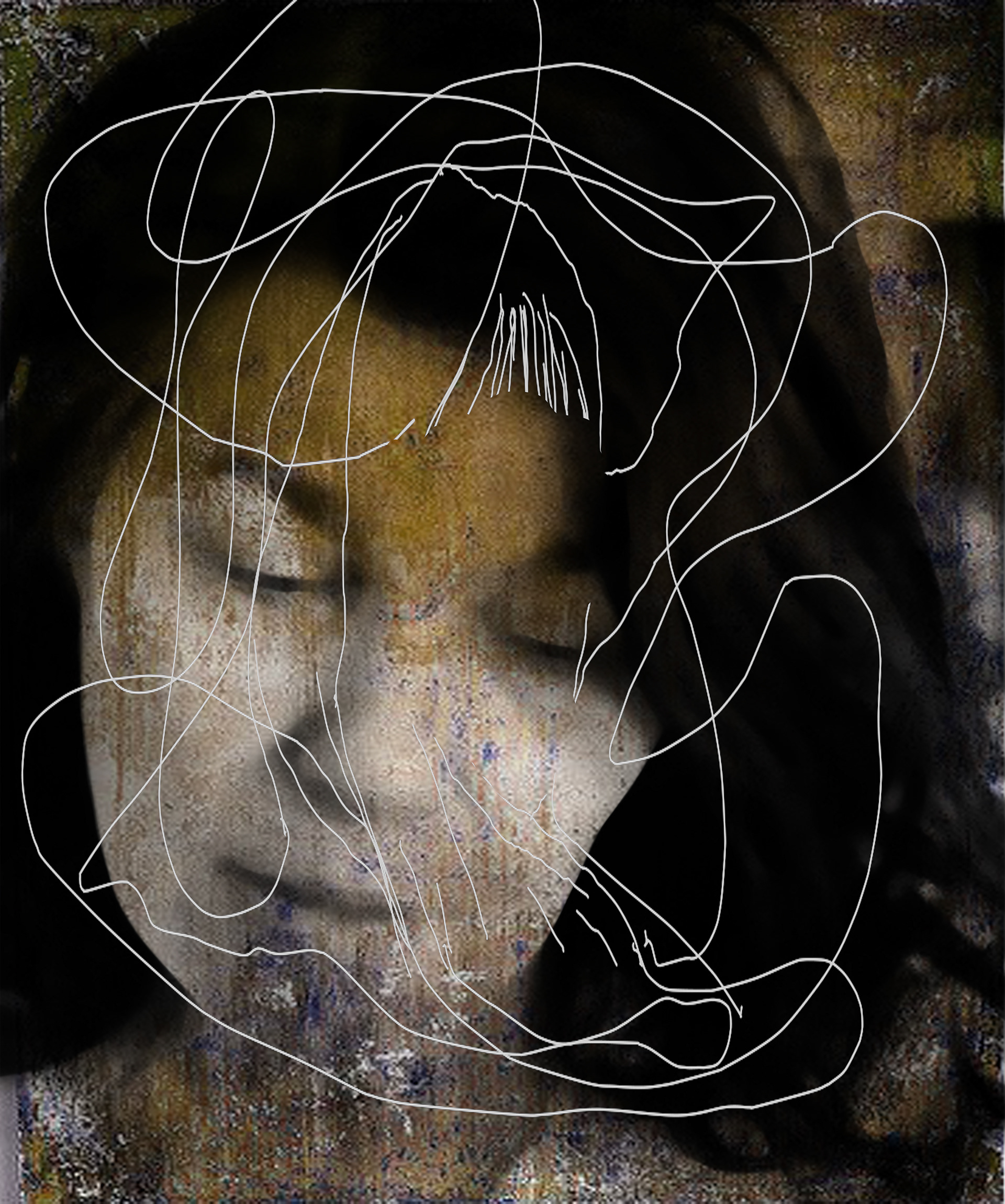”Danielle look down on her thoughts”, 2021, overpainted photography, 50x60cm