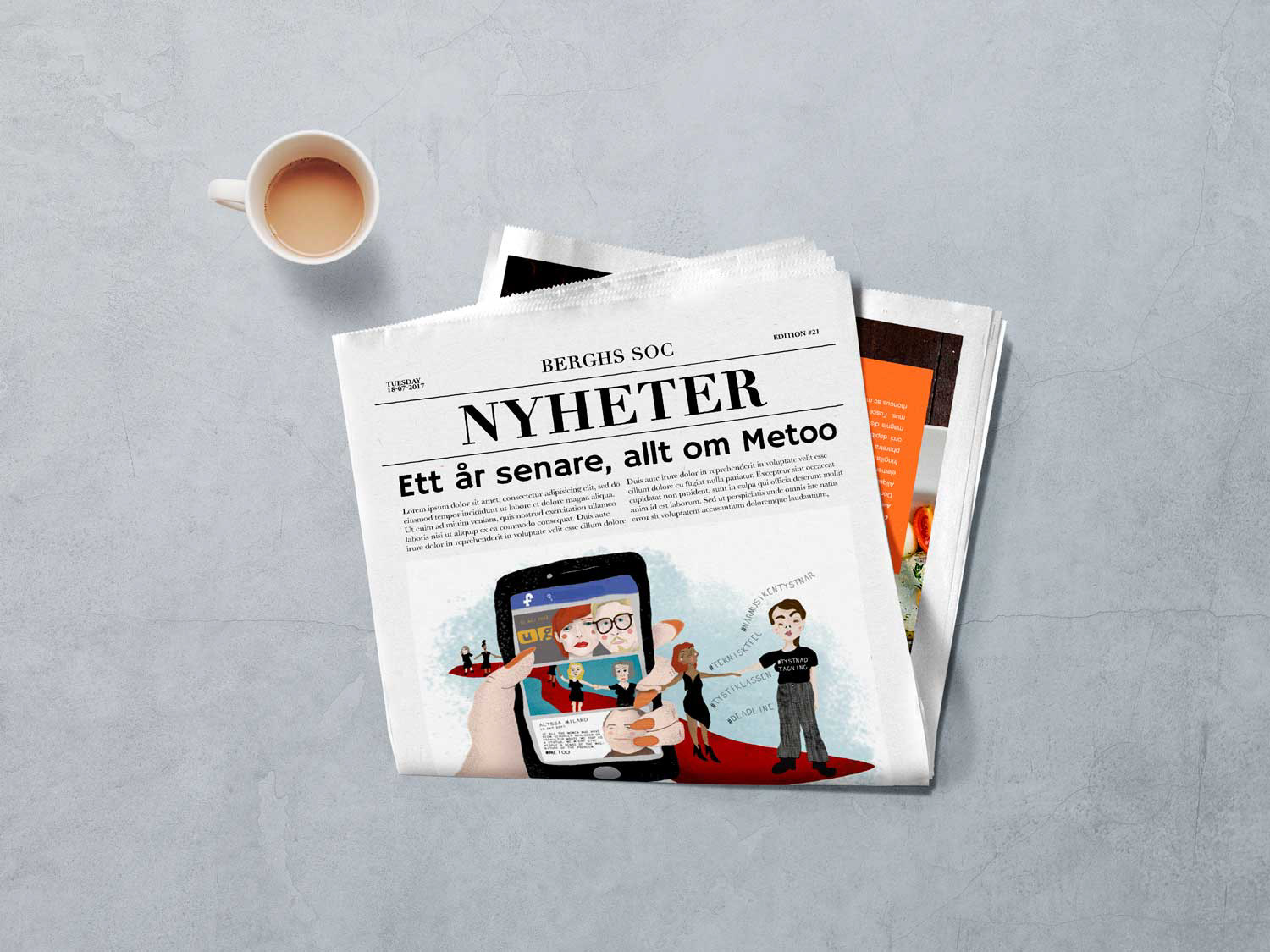 Allt om Metoo Skoluppgift Berghs SoC. Uppgiften var att illustrera till ett fiktivt reportage vid namn ”allt om metod”. Jag ville symbolisera en modern tidslinje i form av ett facebookflöde. Jag ville även få med det interaktiva perspektivet i kampen och den aktiva handlingen av att dela och dokumentera.