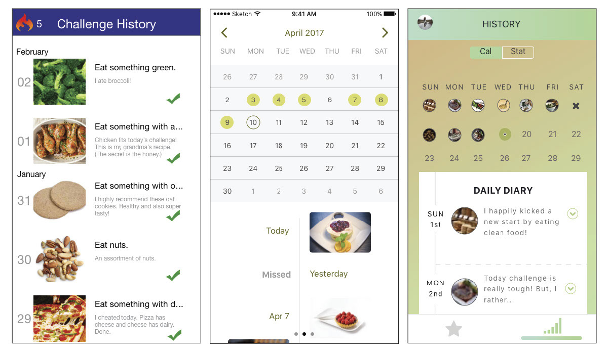 1) mobile app screen with a list of past challenges, 2) a mobile app screen with a calendar including highlighted days for completed challenges, 3) a mobile app screen with a calendar displaying completed challenges and a user's comments for each challenge