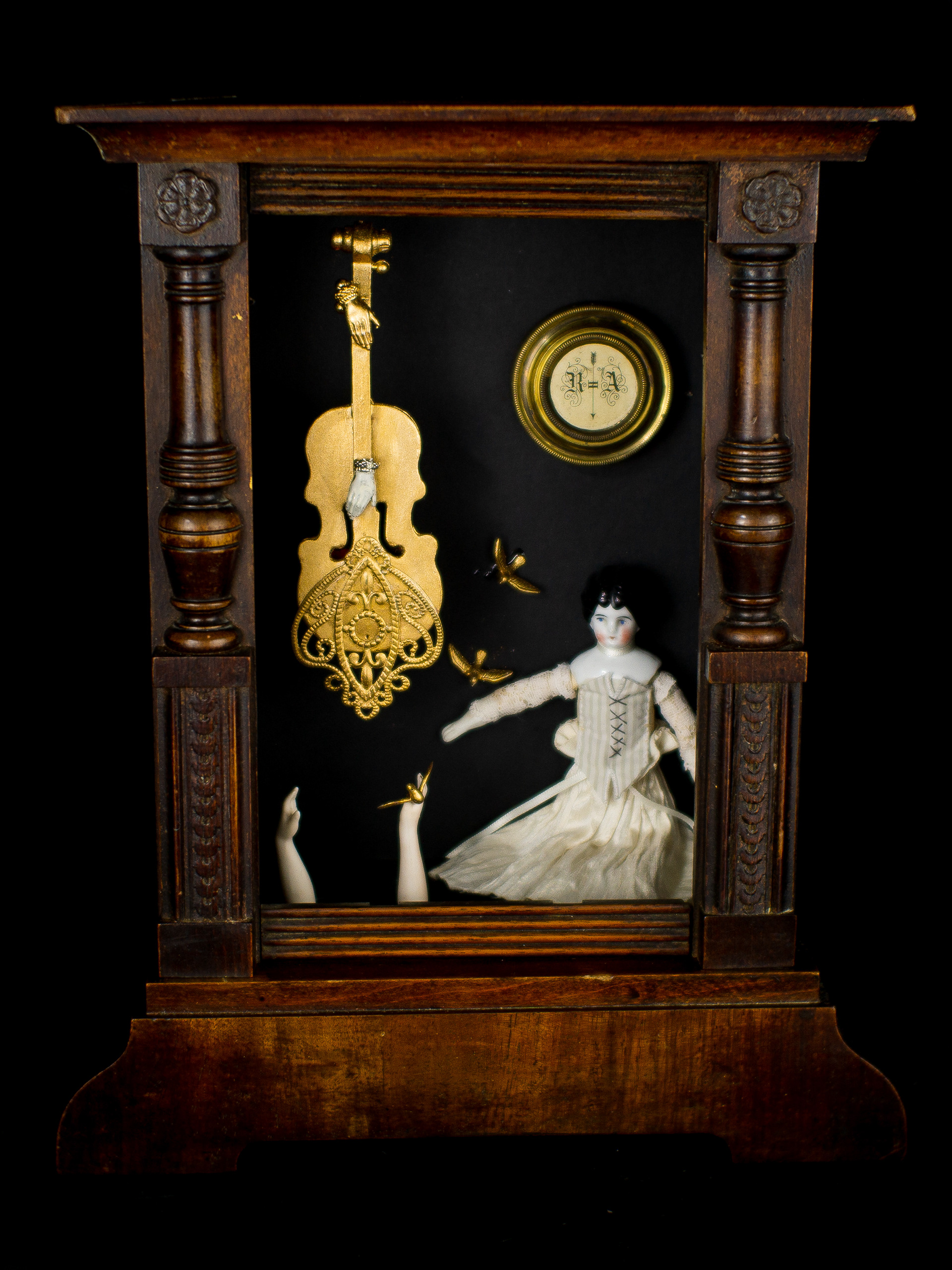 The Hand That Feeds - Antique wooden case, antique miniature porcelain doll (German 1890), vintage bisque doll parts, silk, wood, metal, paint. 35 x 28 x 15