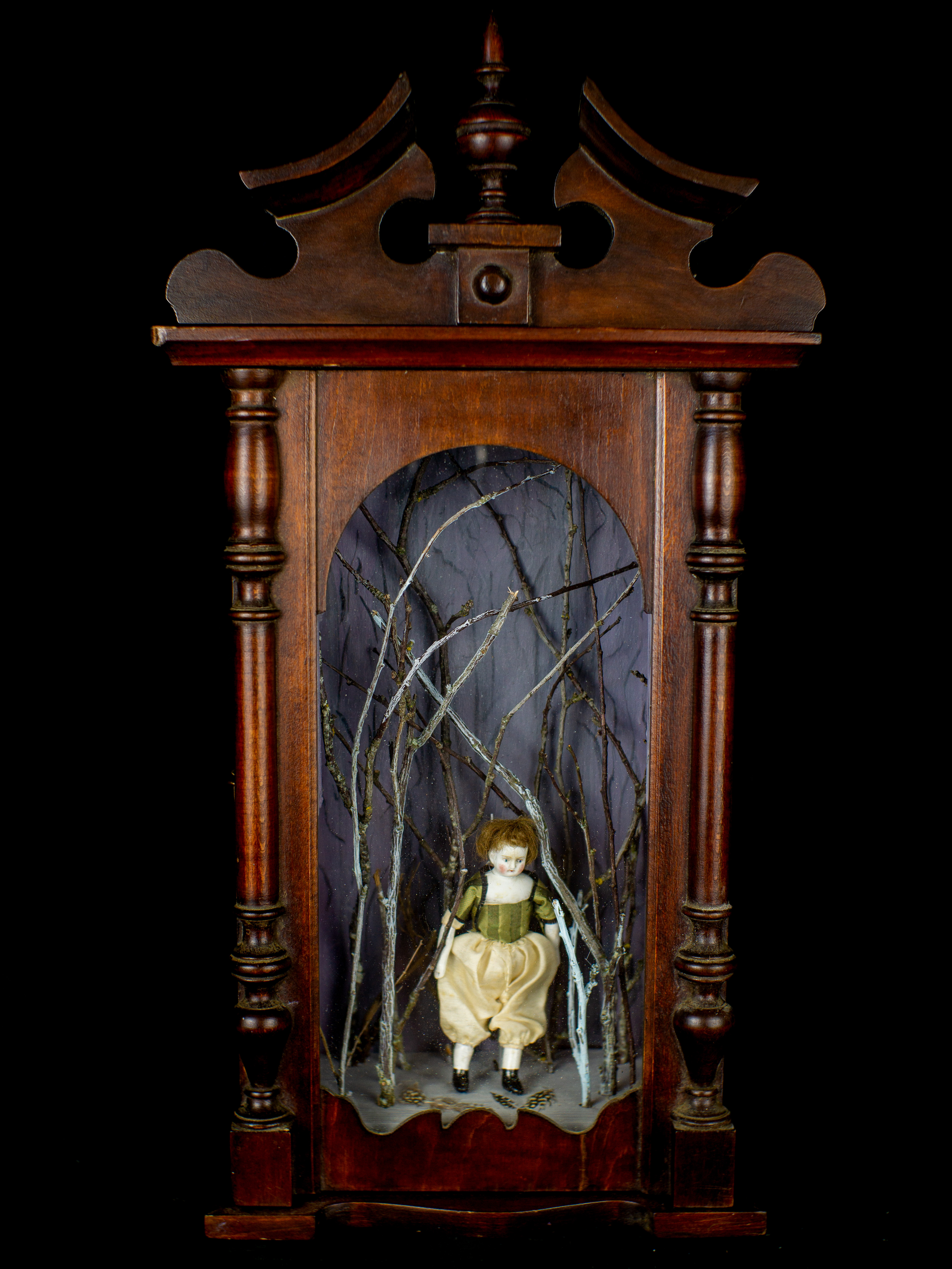 Lost - Antique wooden case, antique miniature bisque doll (German 1880), silk, cherry wood, feathers. 50 x 27 x 14