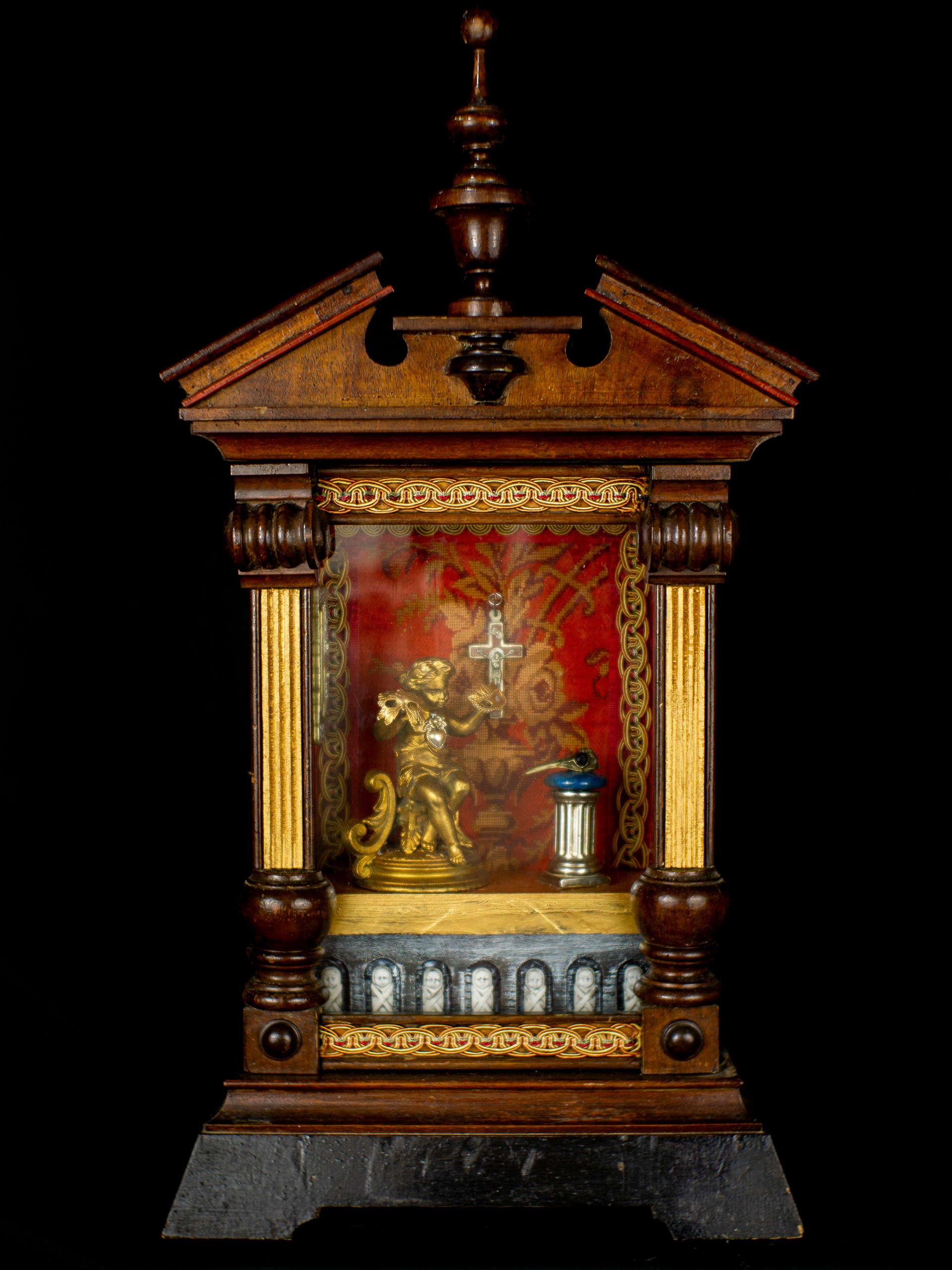The Vanishing Act - Antique wooden case, antique gilded metal figure, silver, lapis lazuli, amethyst, bisque figures, mixed metals, vintage and antique textiles. 50 x 26 x 13