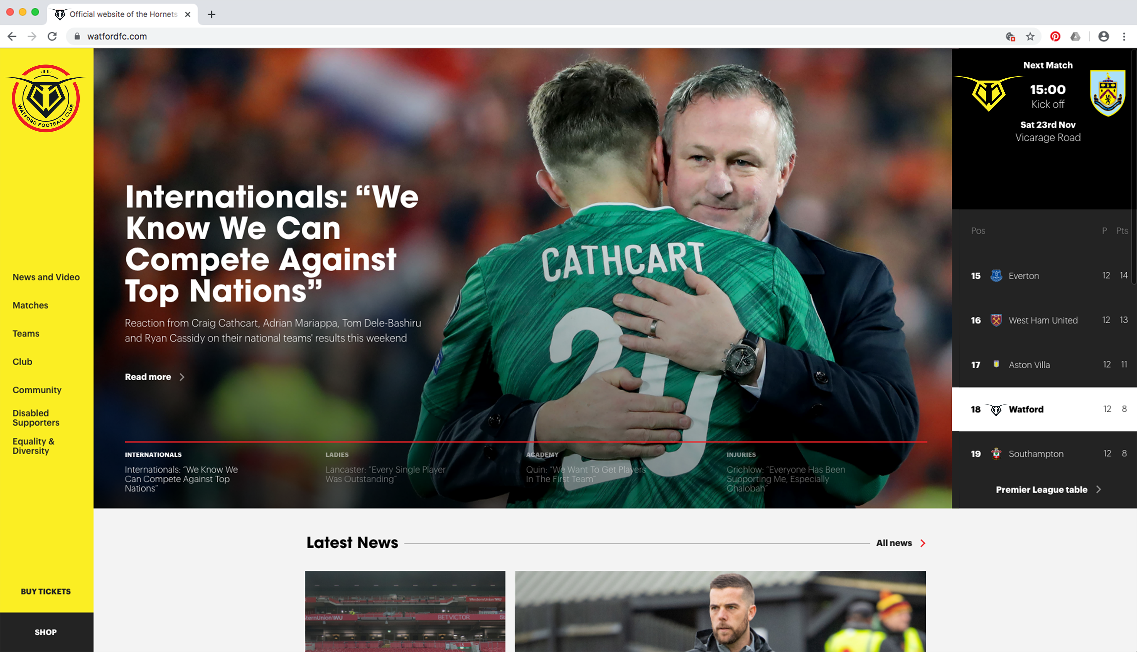 The Watford FC badge on the Watford website.