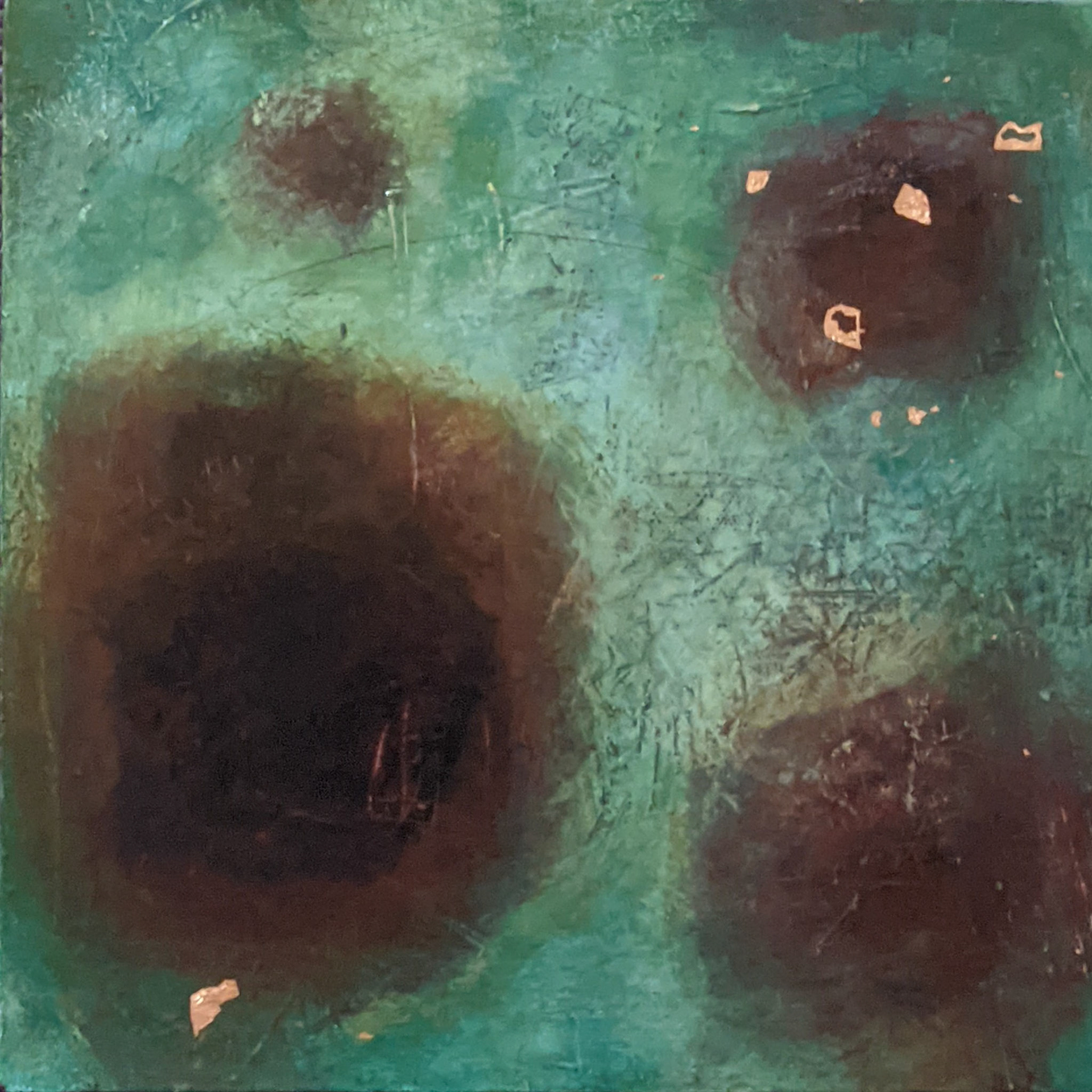 "The Disappearing Moons of Verdigris," Acrylic, copper leaf and wax on canvas, 10 x 10 inches, SOLD
