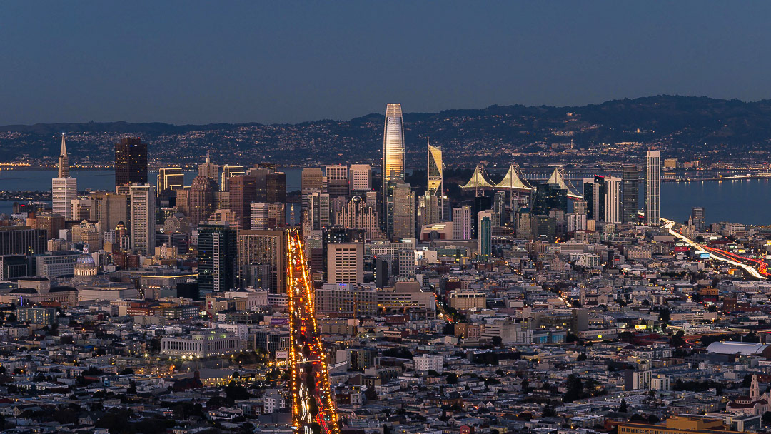 Financial district, the East Cut, and Bay Bridge, San Francisco, US