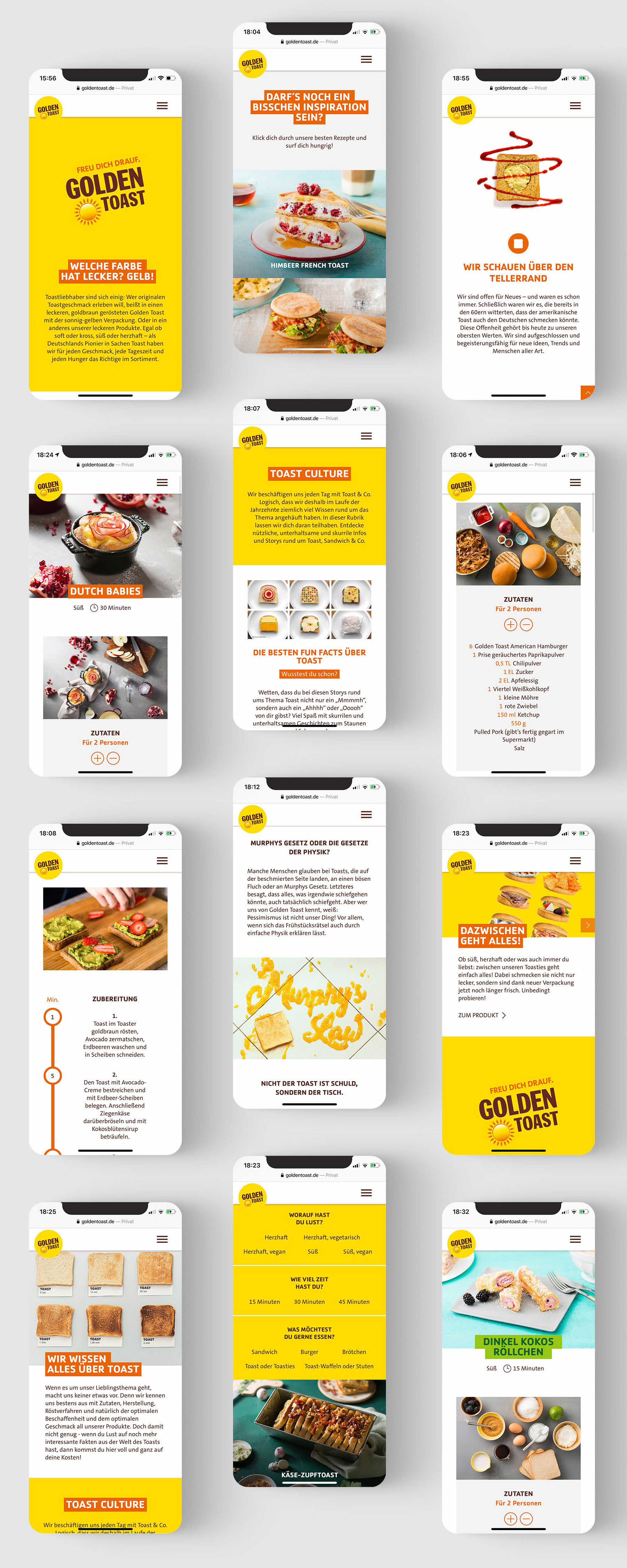 Golden Toast Website Redesign. Verschiedenen Ansichten auf Smartphonescreens.