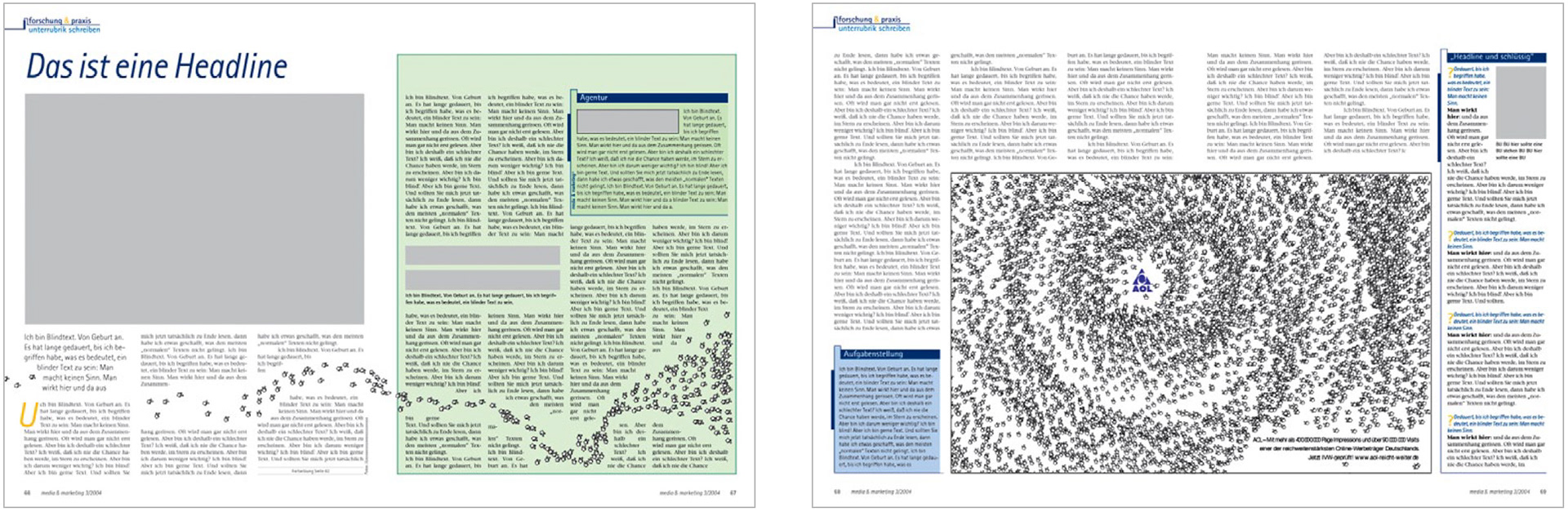 Teaser Doppelseite. Durch das Redaktionslayout einen B2B Magazins fliegen hunderte Cursor-Haende.