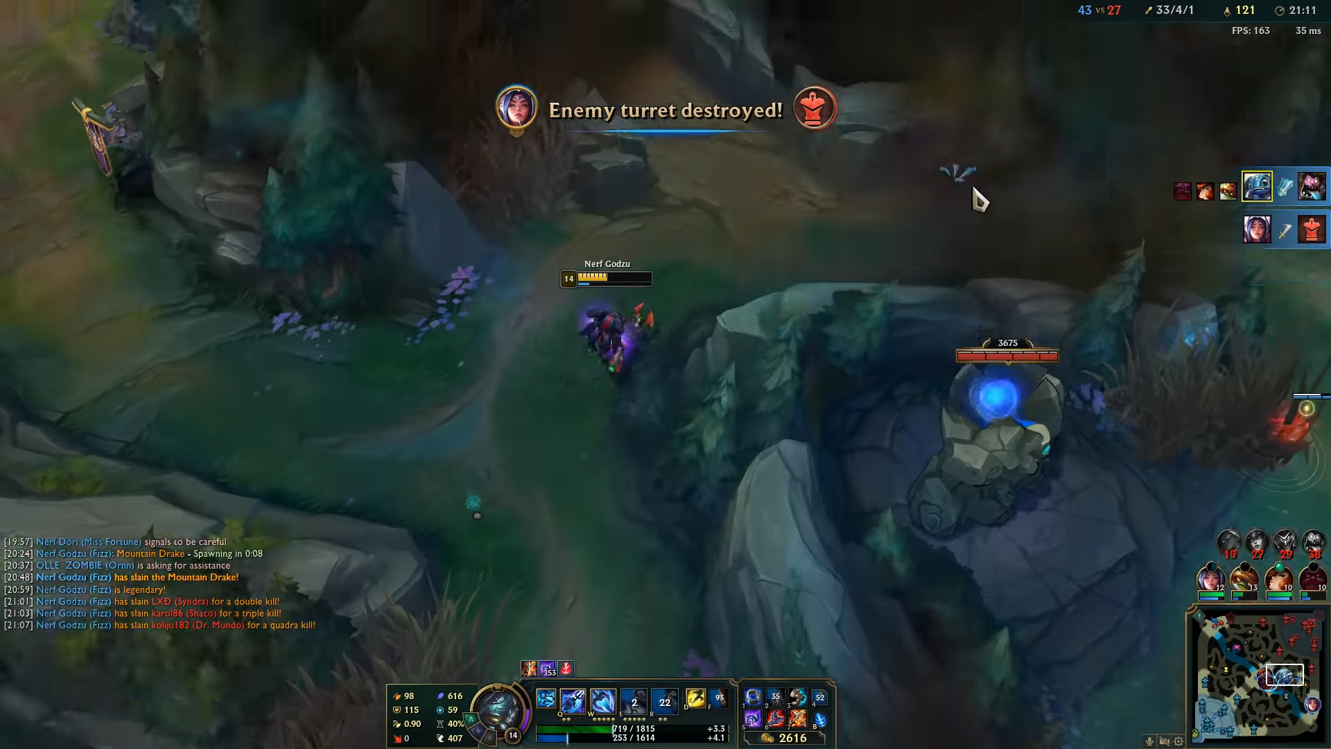 League of Legends displays the kill feed in a separate screen location, generally top right.