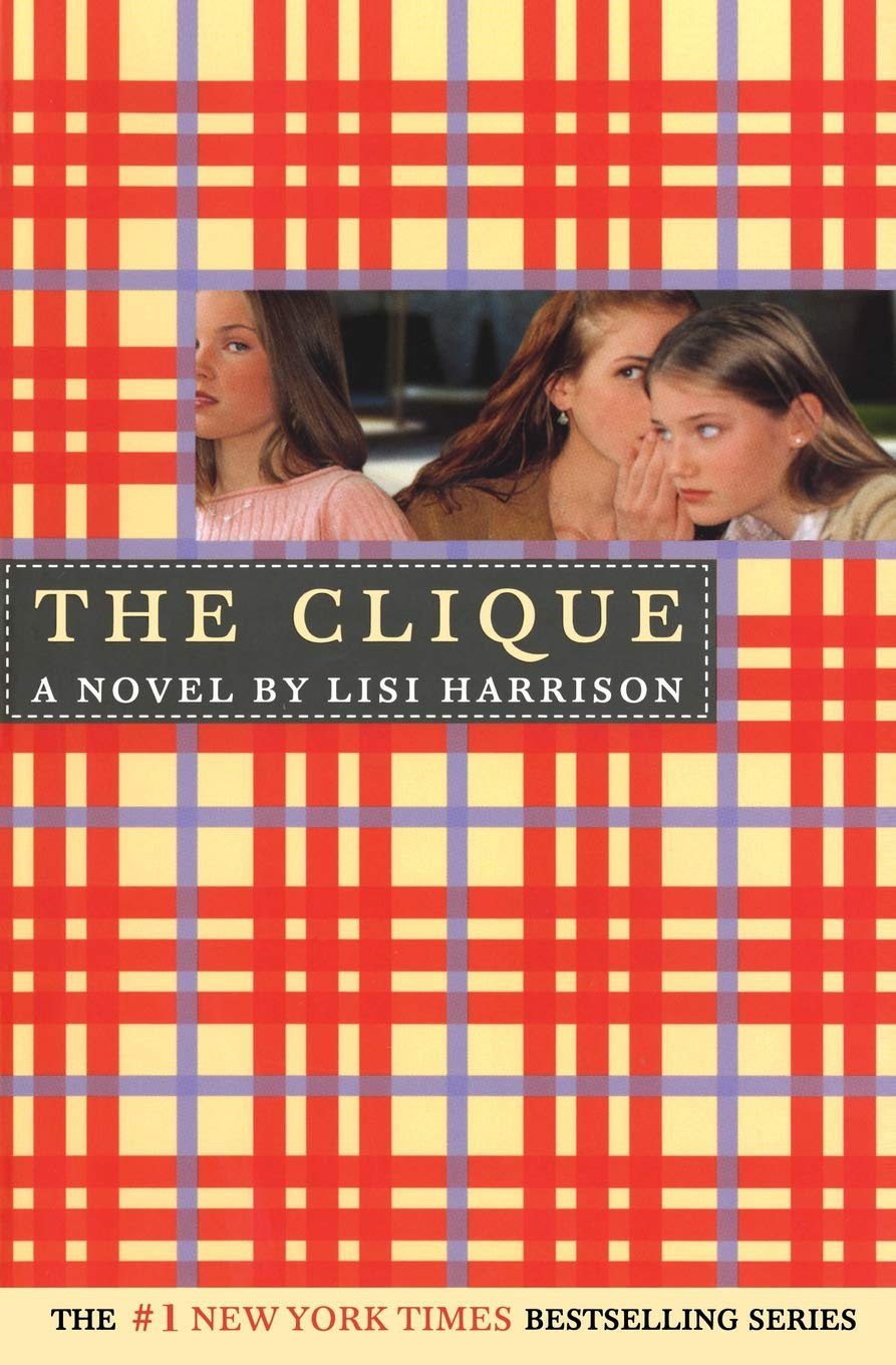 Book cover: Red, yellow, and purple plaid with a rectangle filled with girls gossiping.