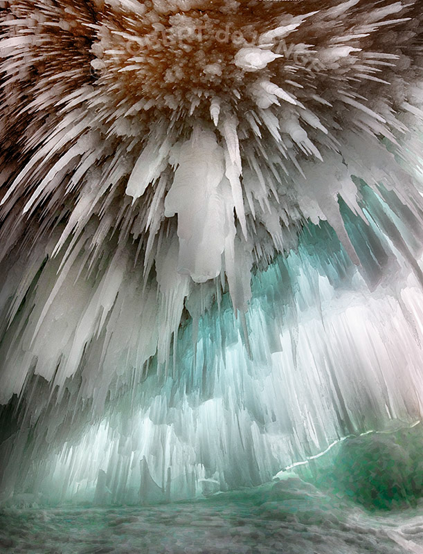 Ice cave, room, seeping water, frozen, minerals, Grand Island, limestone, Munising, Michigan, Lake Superior, wide angle, broken ice, winter, cracks, aqua