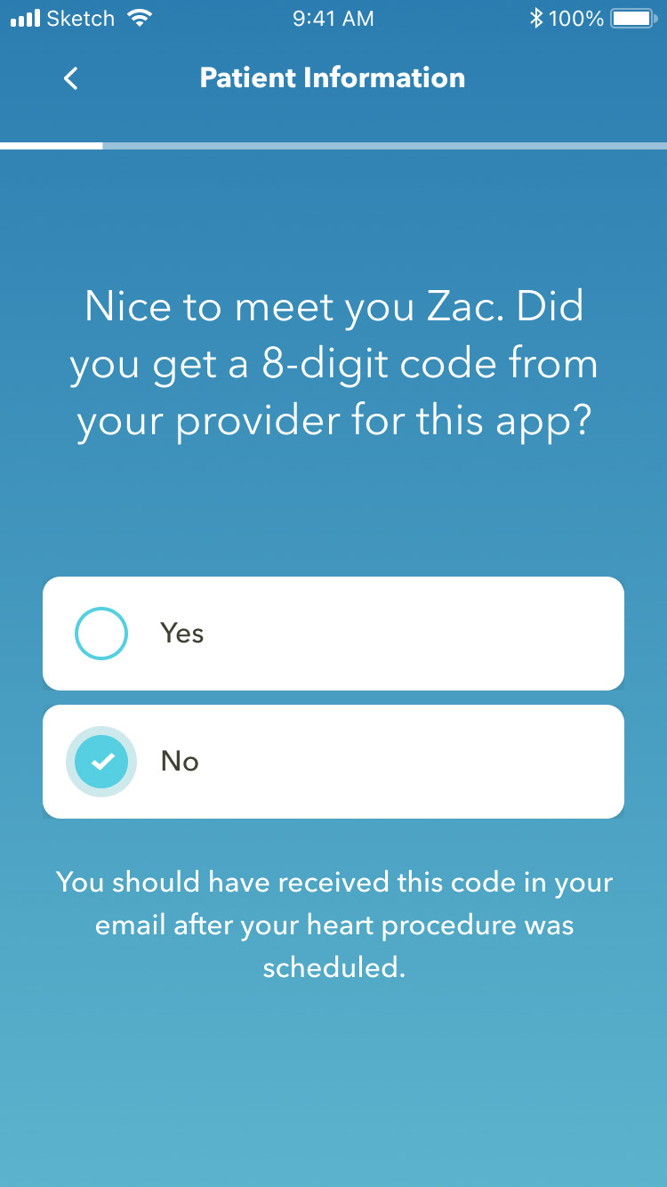 A personal greeting message to a user named Zac, a question about receiving a code, and buttons that indicate "yes" or "no"
