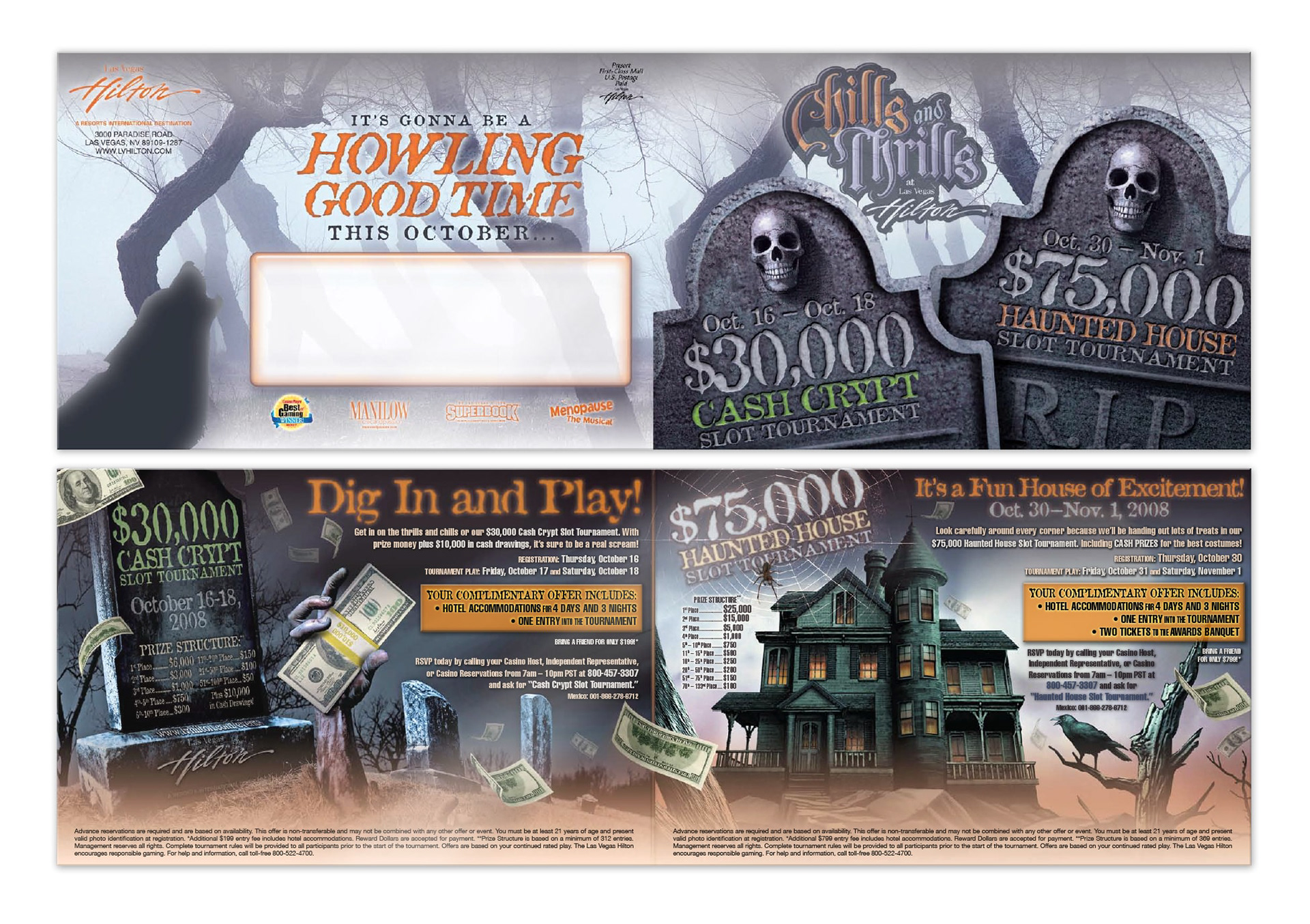 Bifold blackjack player tournament invitation for Halloween at the Las Vegas Hilton casino