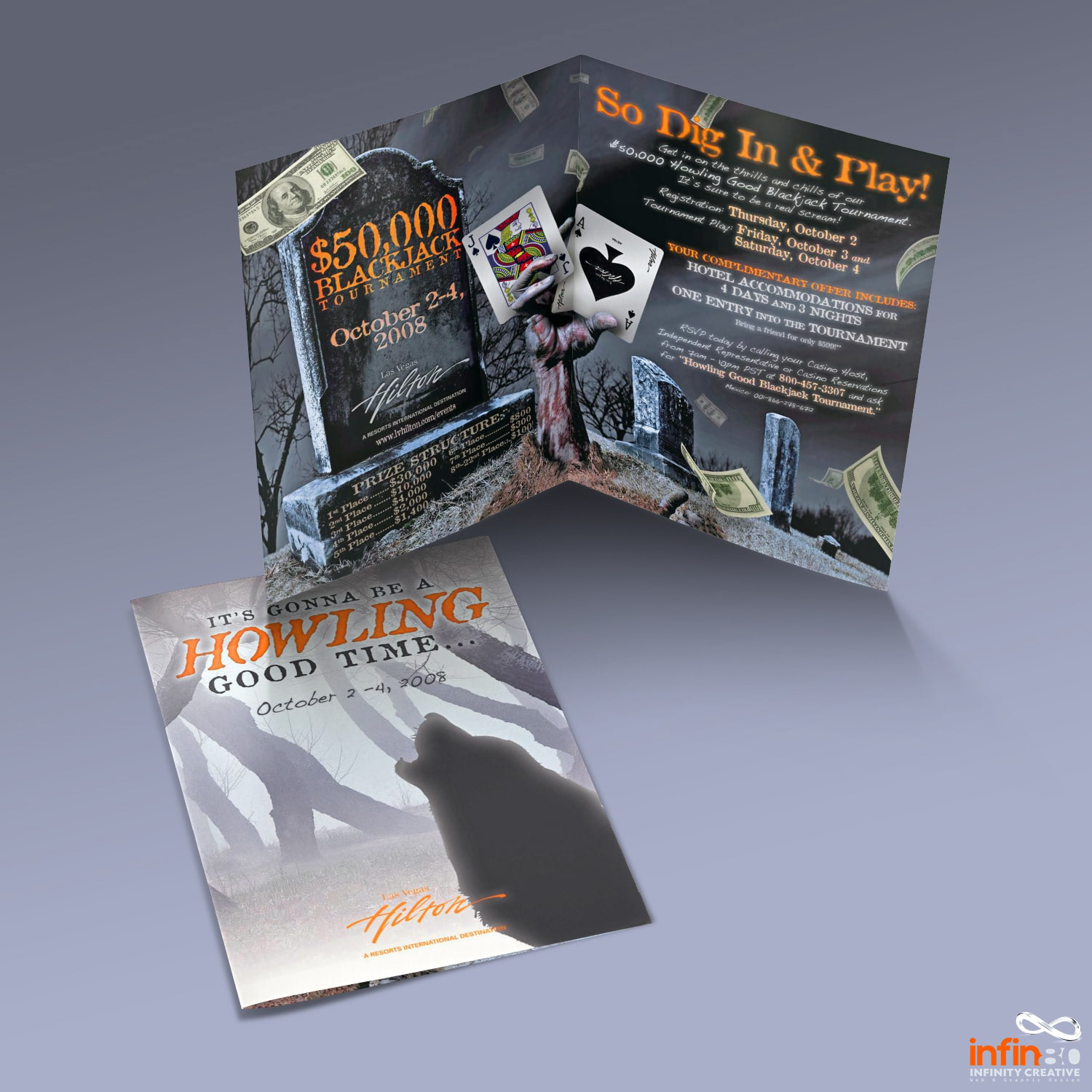 Las Vegas Hilton casino bifold halloween-themed blackjack tournament invite