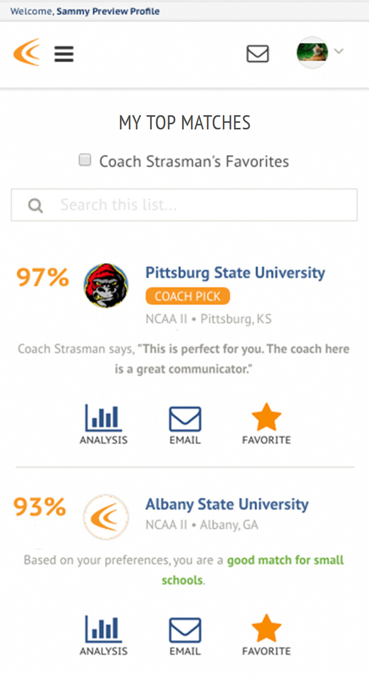 NCSA My Top Matches page - mobile screenshot.