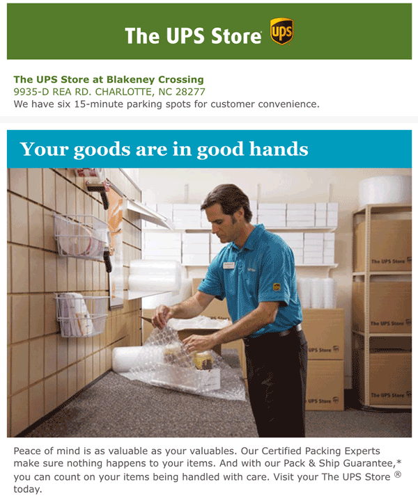 Create mobile-friendly, responsive email design templates, customized with HTML/CSS, to match the company brand identity. Click here to see an email created for The UPS Store.