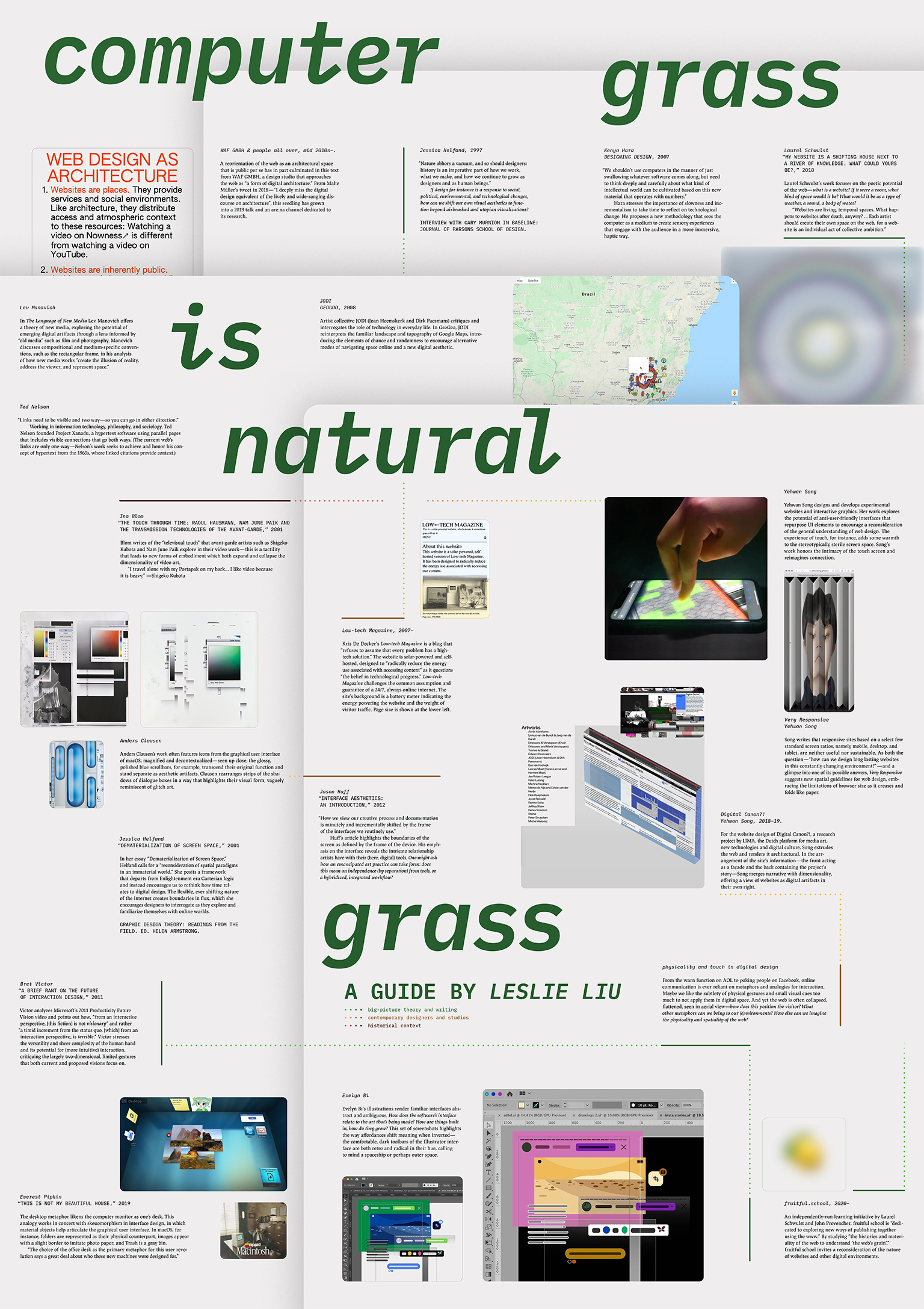 front side of a poster, with the title 'computer grass is natural grass'. the poster's background is light-gray. several images and accompanying captions are spread out across the surface, with muted green, mustard yellow, and red lines connecting related text blocks.