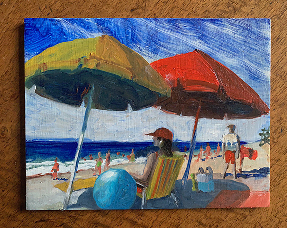 Watching Lifeguards, Oil on Board, 6"x 8", 2021