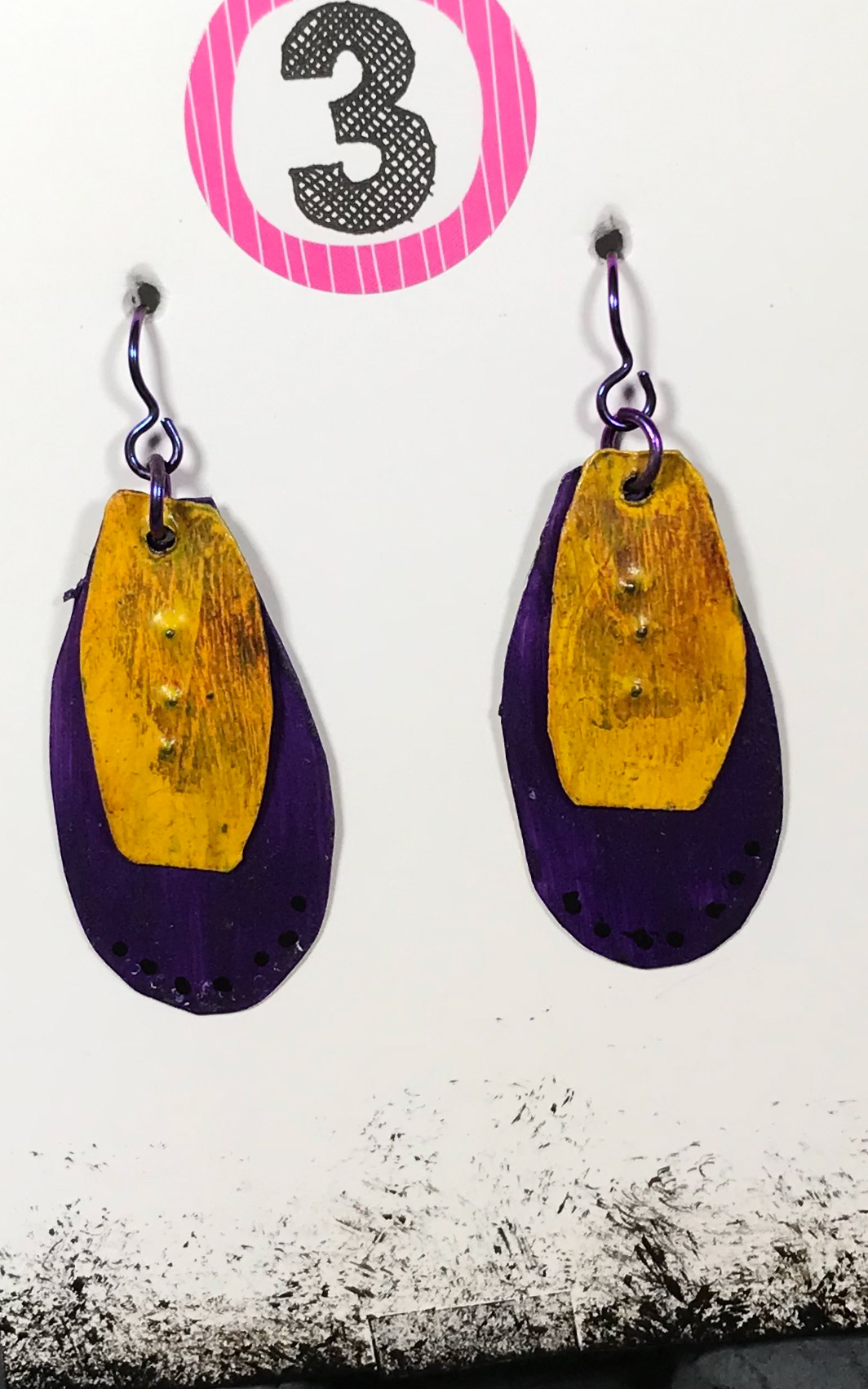 Penny Cox - Grunge Earrings - Mixed media; Tin, Paper, Acrylic, Magic Markers, Niobium Wire - $40