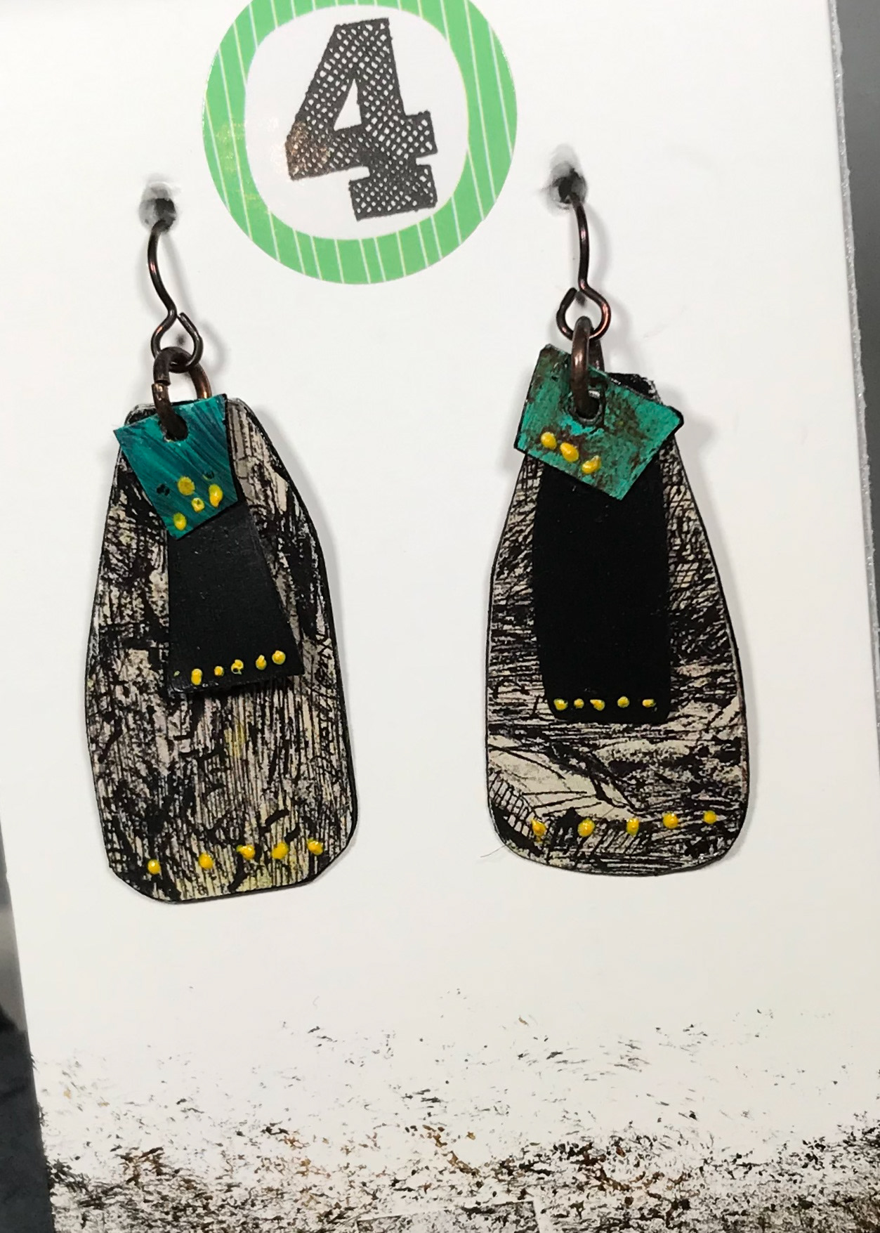 Penny Cox - Grunge Earrings - Mixed media; Tin, Paper, Acrylic, Magic Markers, Niobium Wire - $40