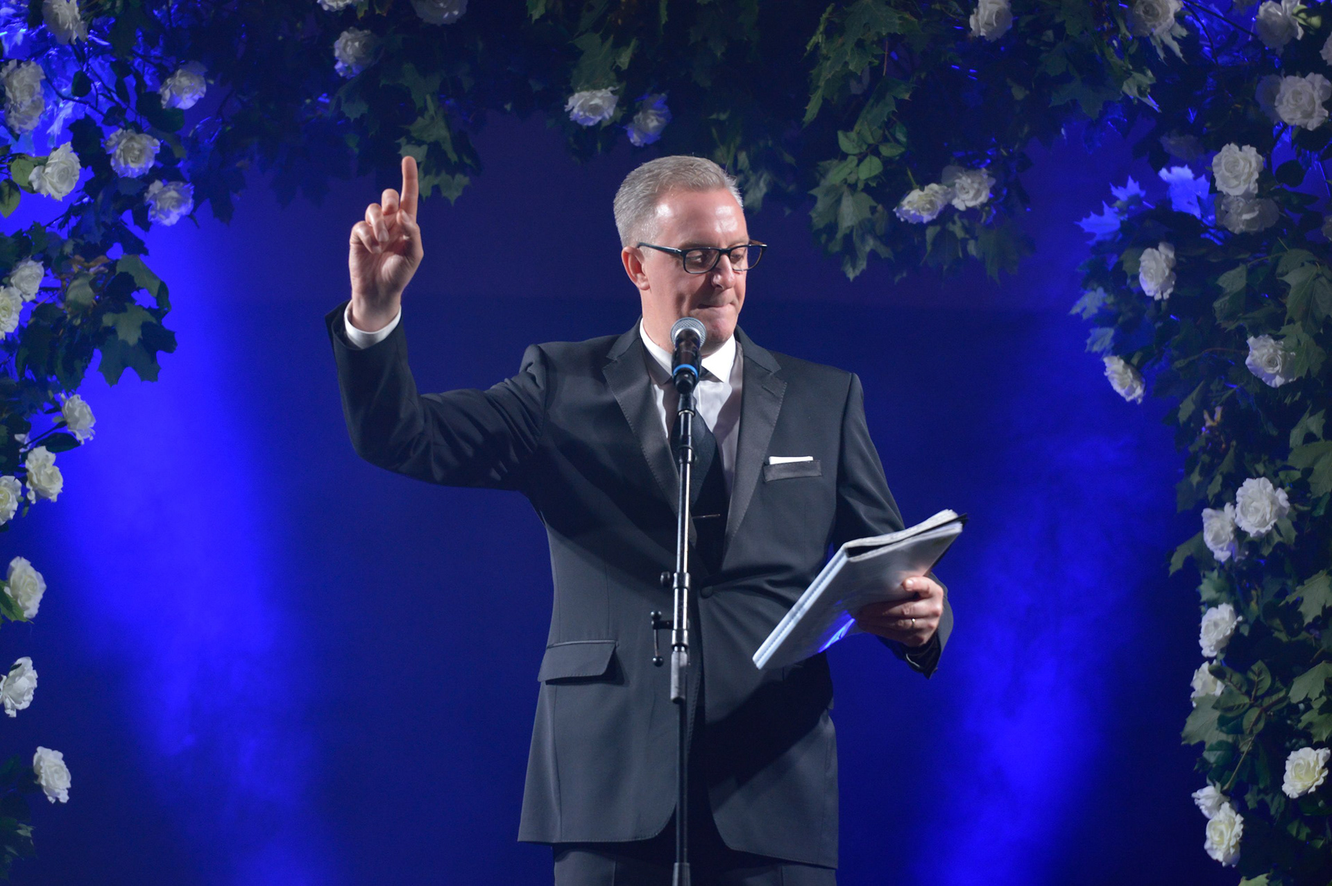 Manchester Poet, Tony Walsh on stage at the 2019 Manchester Fashion Festival - runway photographer