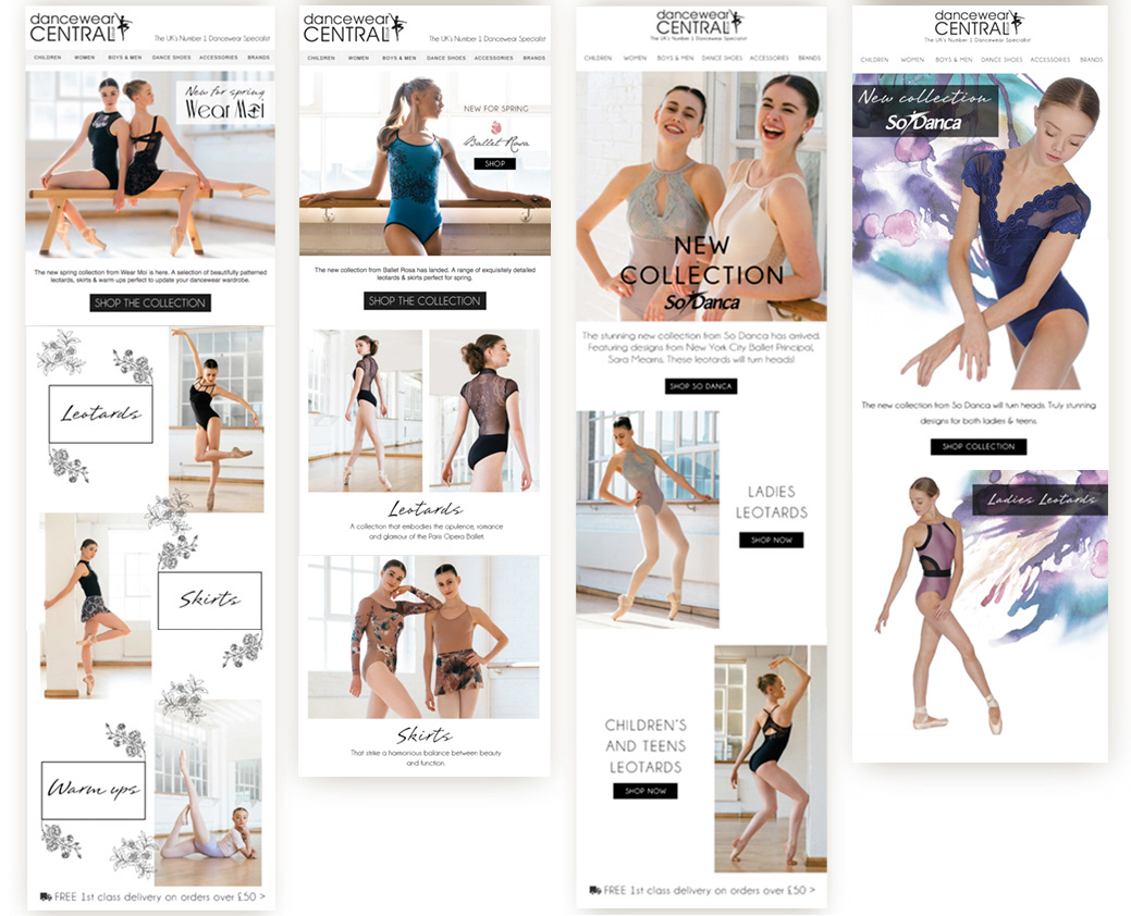 four different examples of email marketing campaigns I Have designed for Dancewear Central