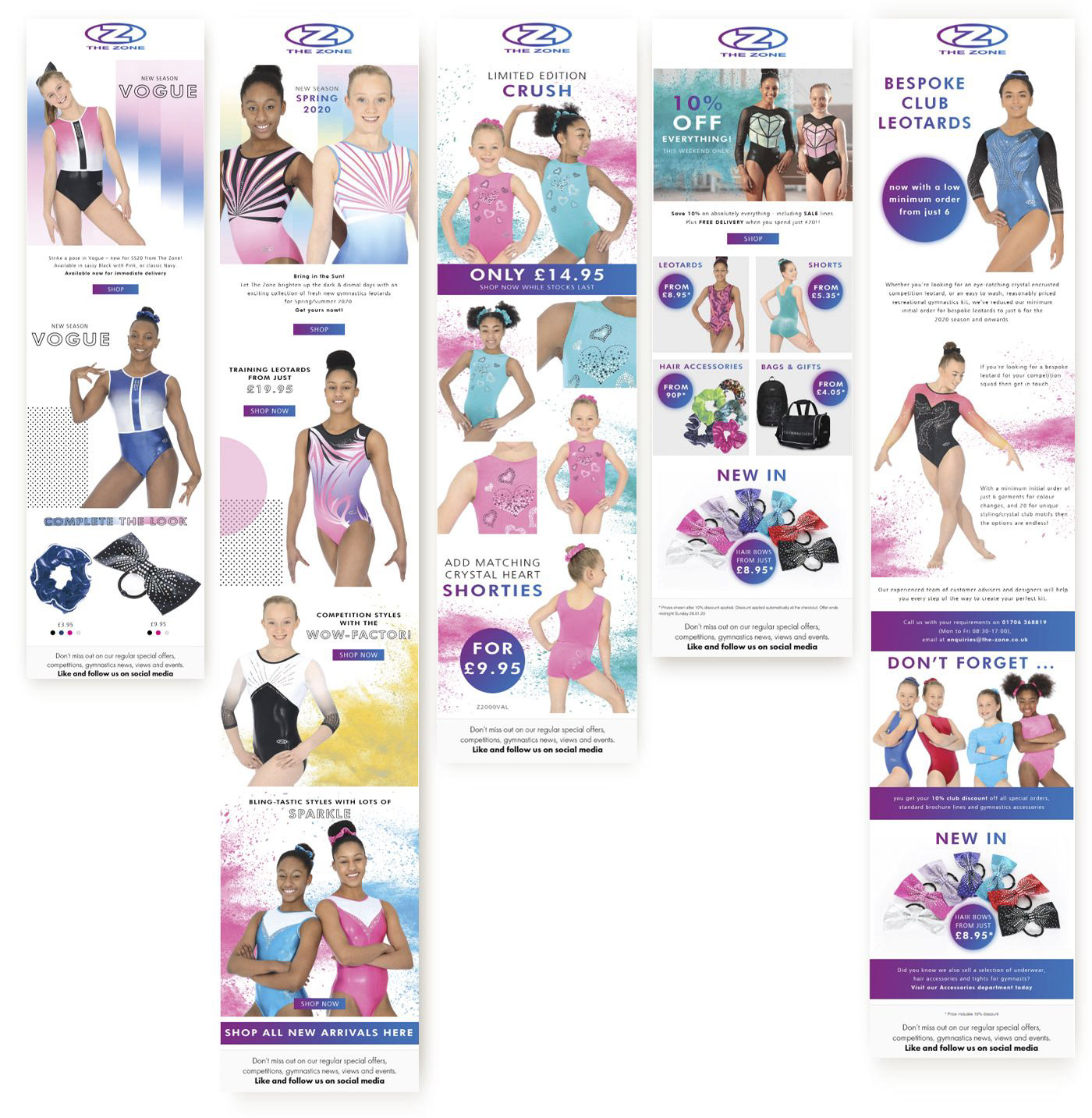 Five email marketing campaigns designed recently for the Zone Gymnastics