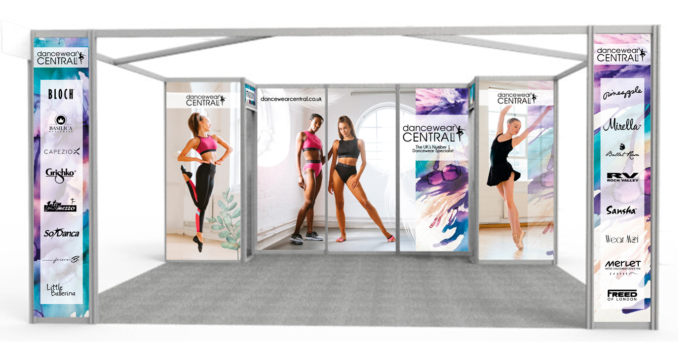 Lindsey ahmet graphic designer - exhibition stand artwork design and Shell scheme stand artwork for dancewear centrals attendance at the can you dance convention 2019