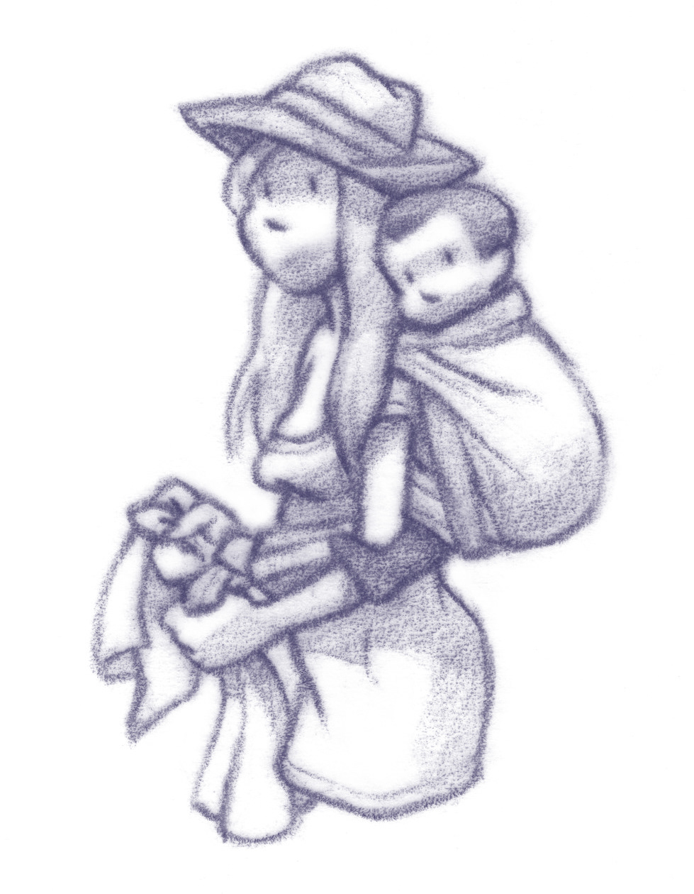 Frau knotet Baby im Tragetuch, Rückentrage. Illustration.