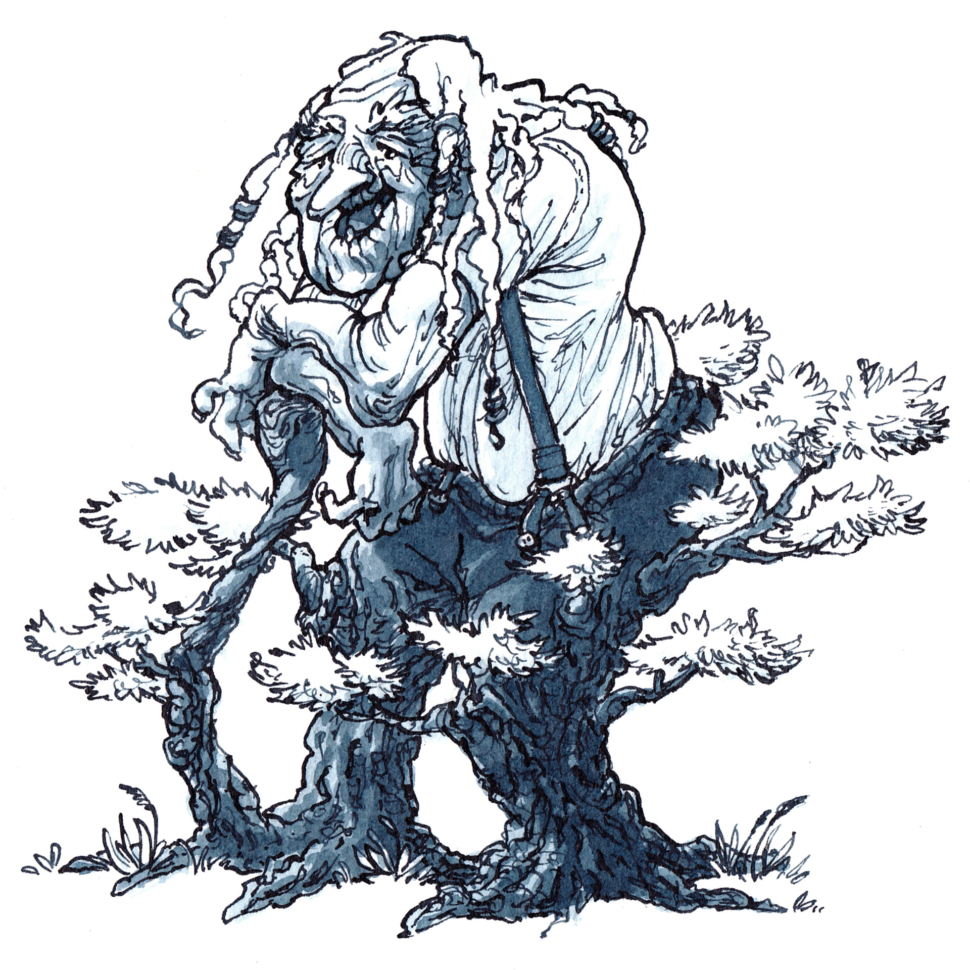 Uralte schrullige Frau stützt sich auf einen knorrigen Stock. Ihre Beine sind dicke Baumstämme und aus ihr wachsen belaubte Äste. Illustration in Tusche.