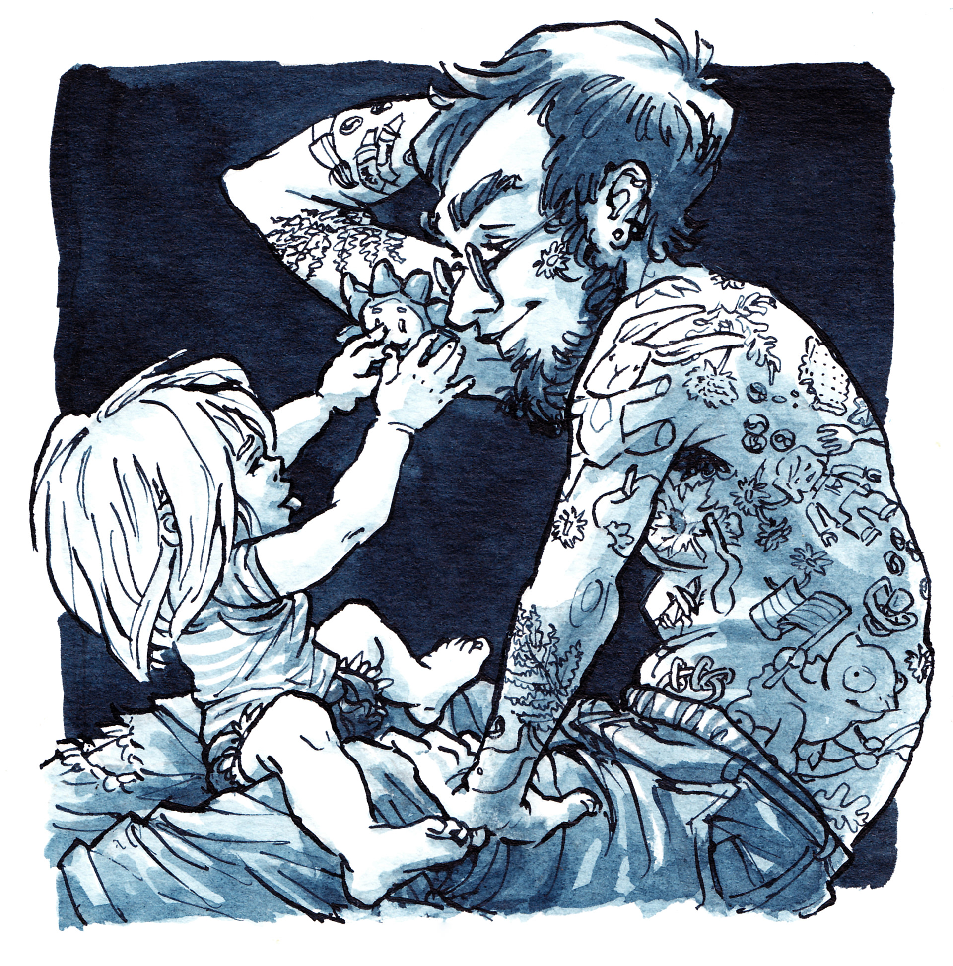 Kleinkind, Mädchen, hält ihrem Vater eine kleine Plüschsonne an den Arm. Der Vater ist bereits über und über mit Motiven von Gegenständen tätowiert, die dem Mädchen gefallen haben. Illustration in Tusche.