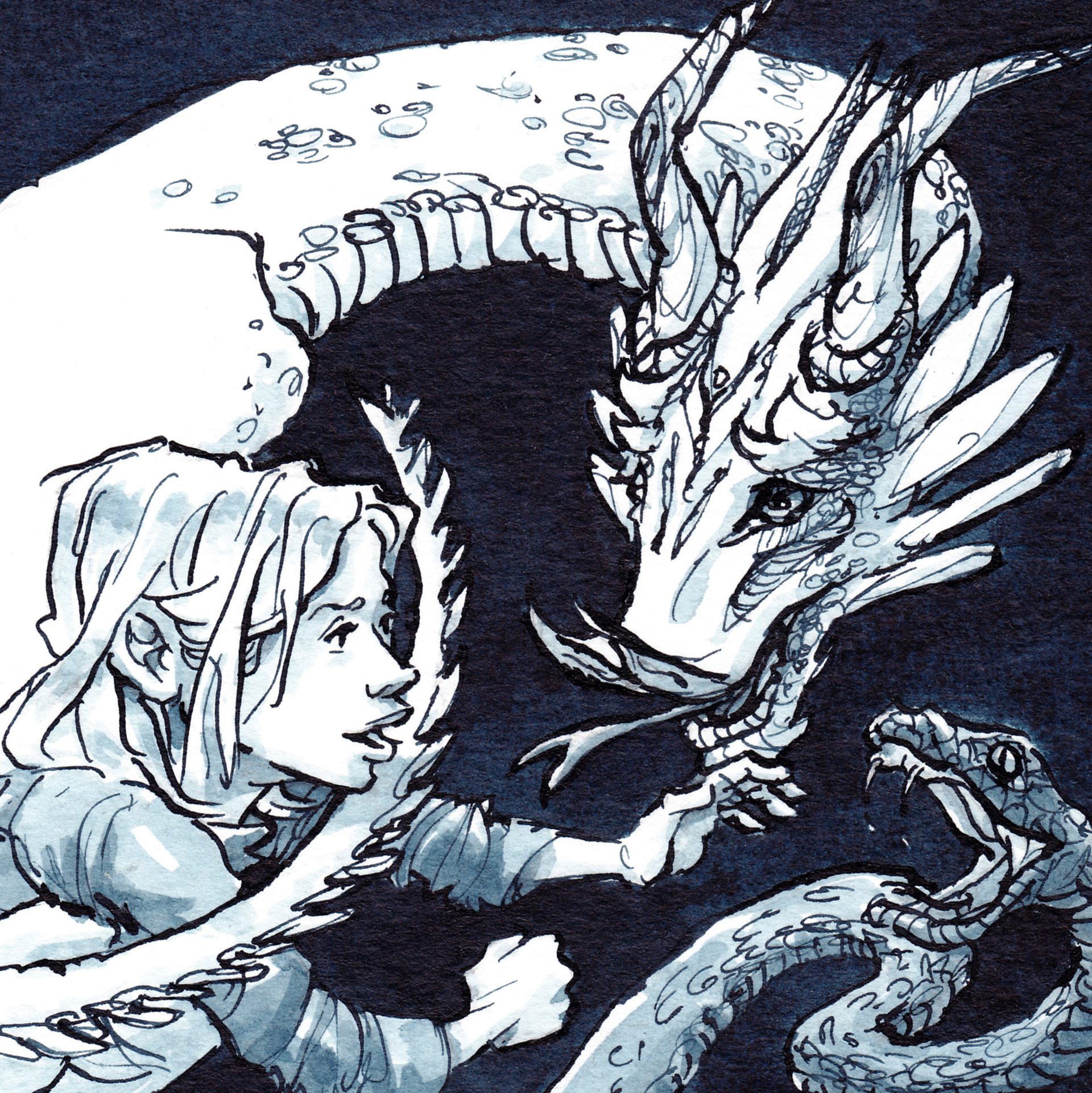 Drache beschützt Jungen vor dem Biss einer Schlange. Illustration in Tusche.