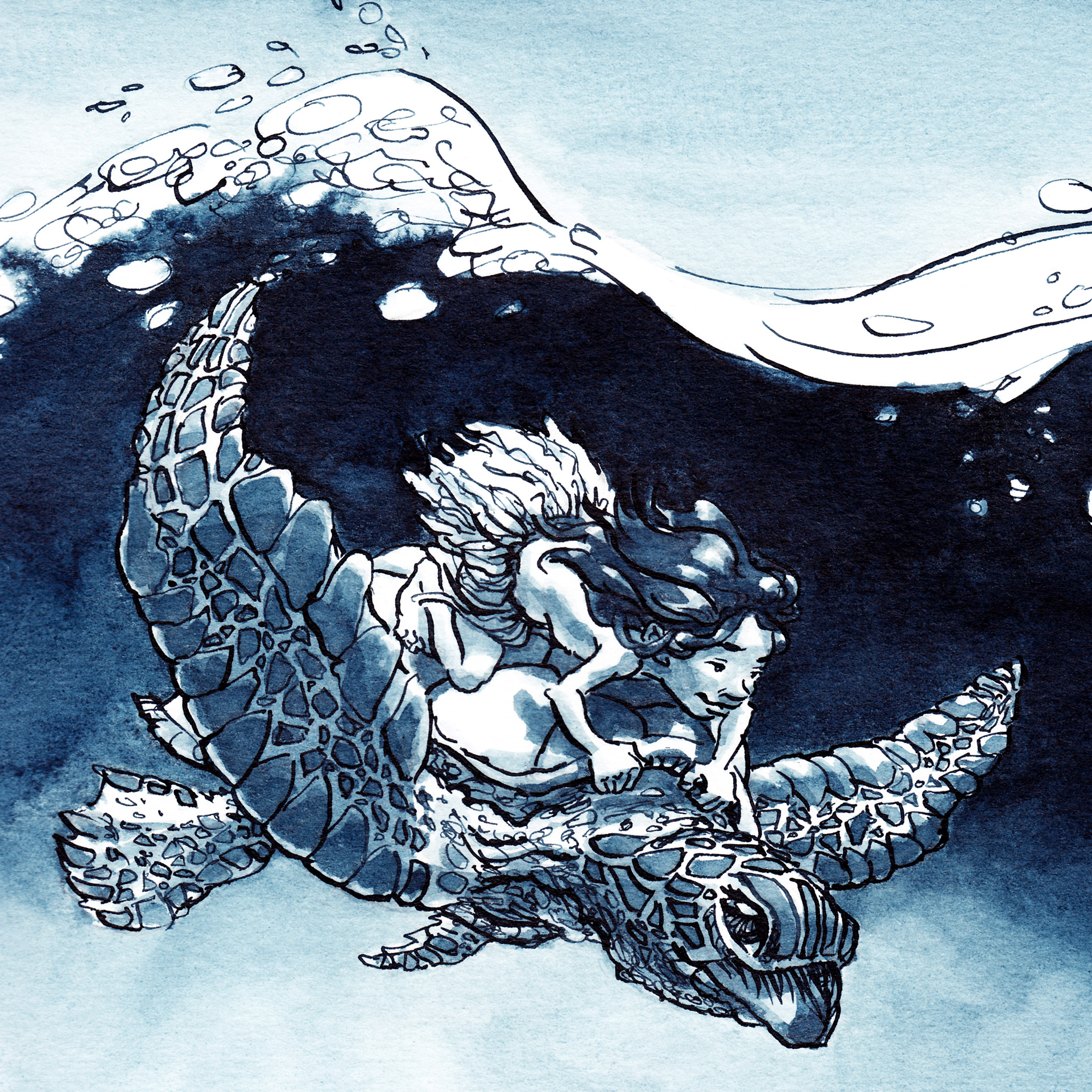 Hawaiianisches Kind auf Riesen-Schildkröte im Meer. Illustration in Tusche.