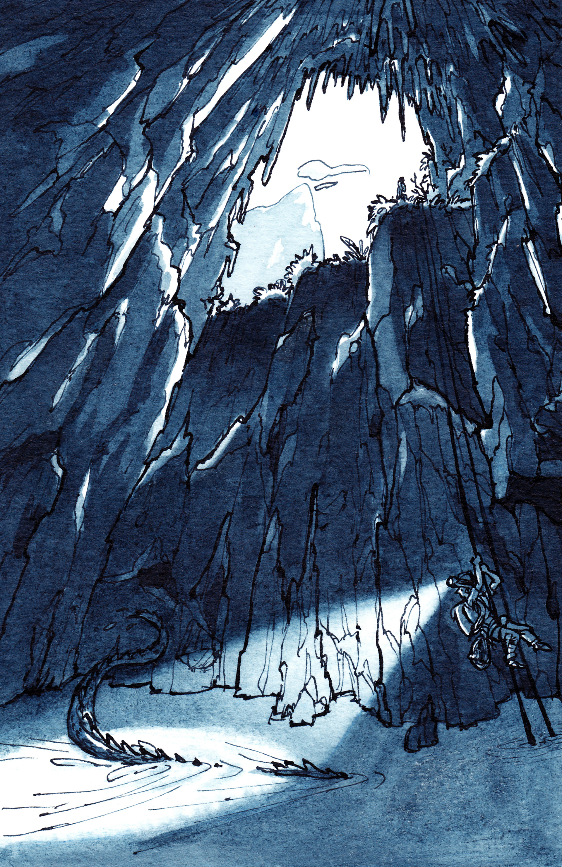 Höhlenforscher seilt sich in riesige Höhle ab und trifft auf Monster. Illustration in Tusche.