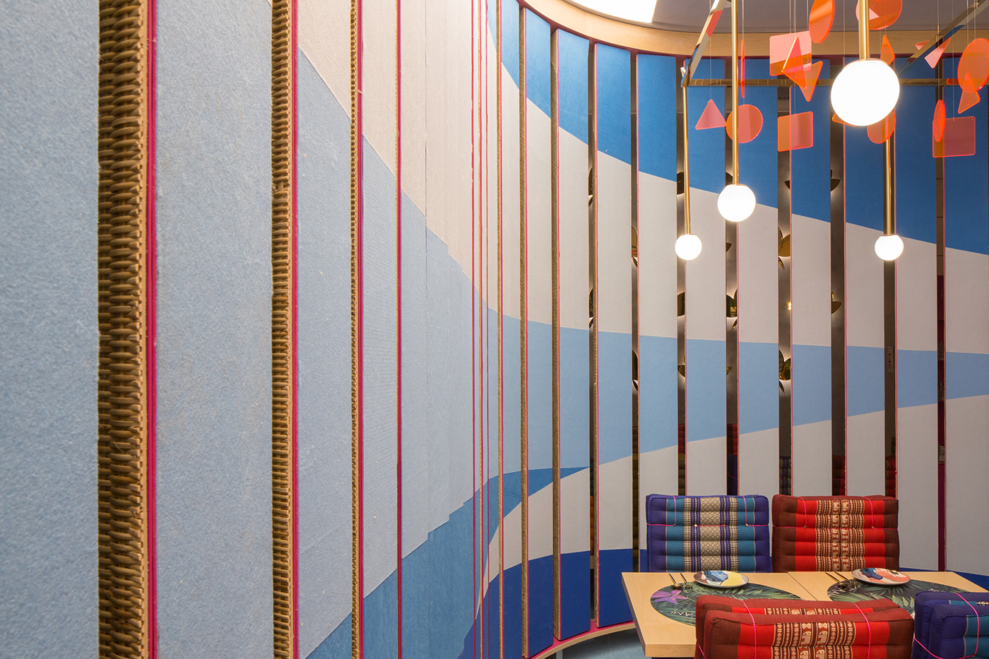 colorful, rotating, triangular columns,